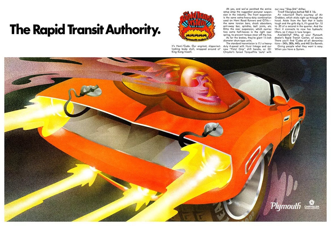 Vintage Plymouth Rapid Transit System ad featuring Hemi 'Cuda and “Plymouth Makes It”