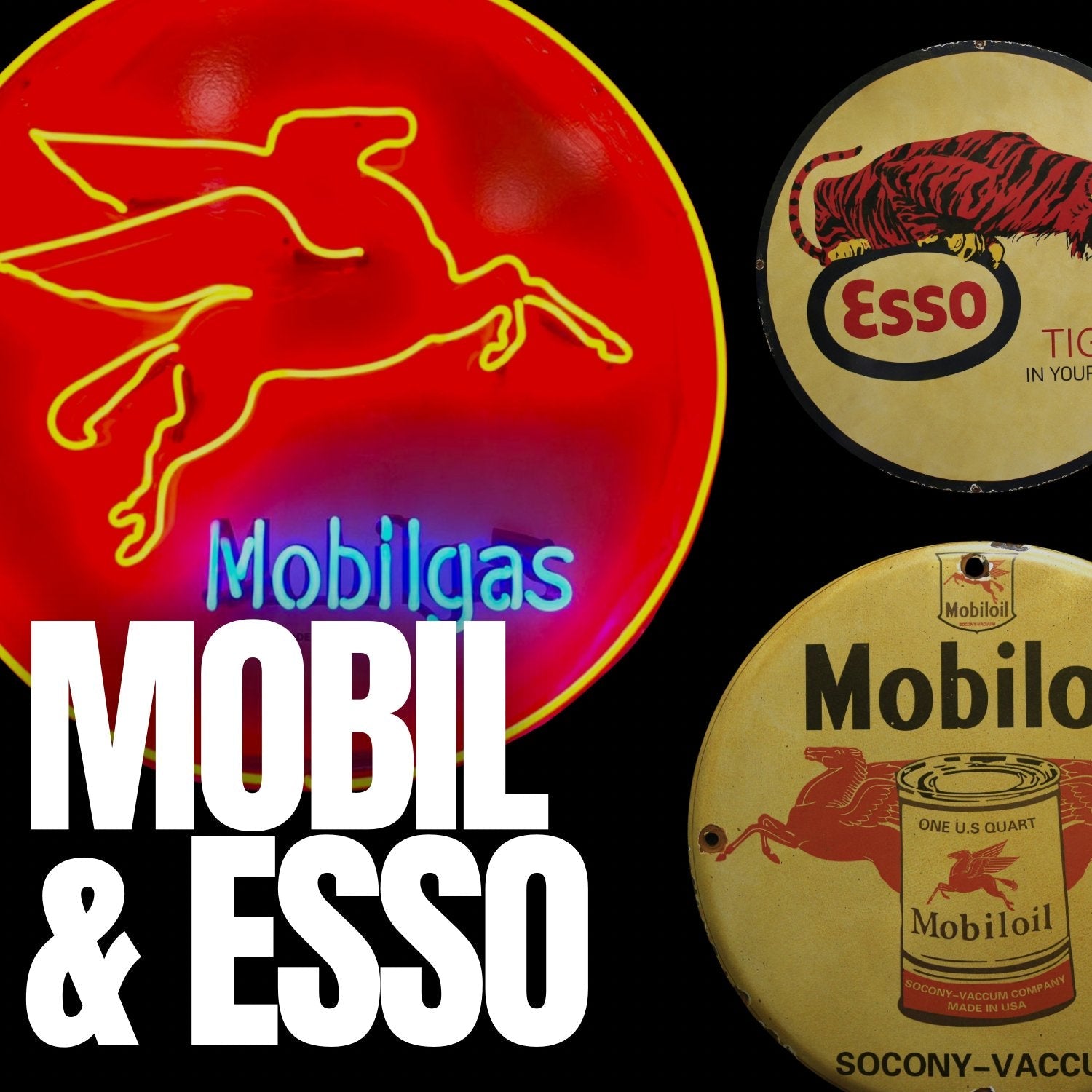 Mobilgas and Esso porcelain signs featuring Pegasus and Tiger in Your Tank designs for collectors