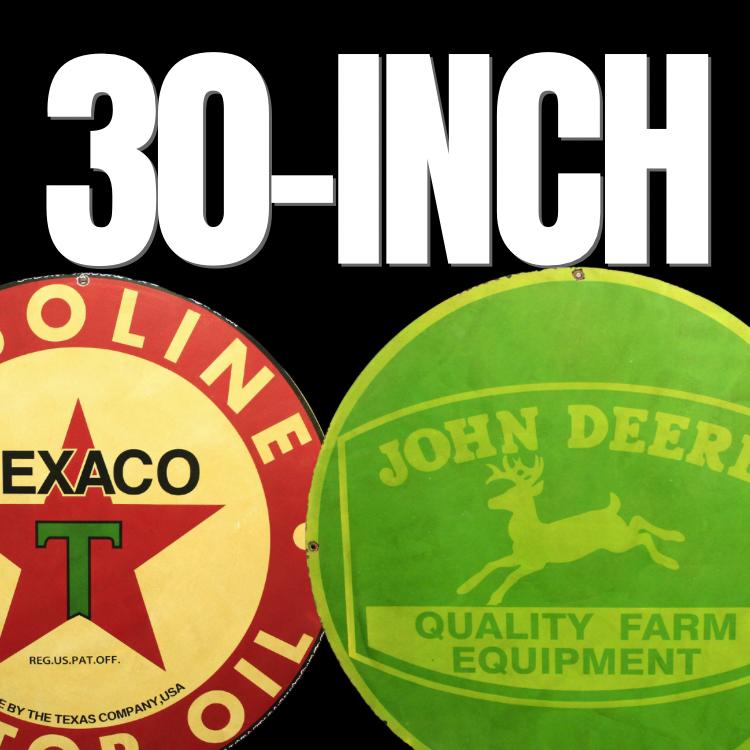 large steel metal 30 inch advertising signs porcelain enamel gas service station signs on sale. John Deere and Texaco Porcelain Enamel Signs On SAle