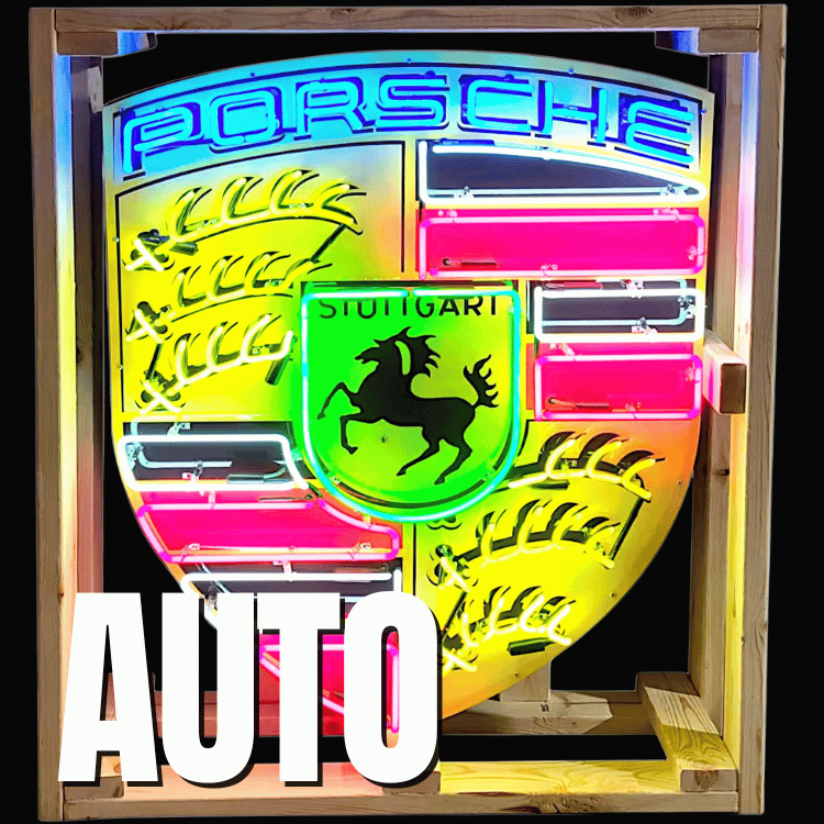 Porsche emblem neon sign with real glass tubing and porcelain enamel, mounted in a wooden shipping crate