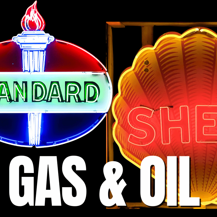 Standard and Shell gas station neon signs lit up, featuring real glass neon and porcelain enamel designs