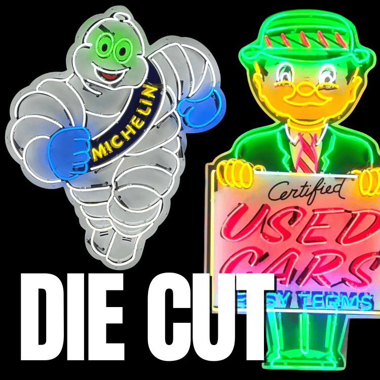 Die cut neon signs of the Michelin Man and a vintage Certified Used Cars mascot, made with real porcelain enamel and handblown glass tubing