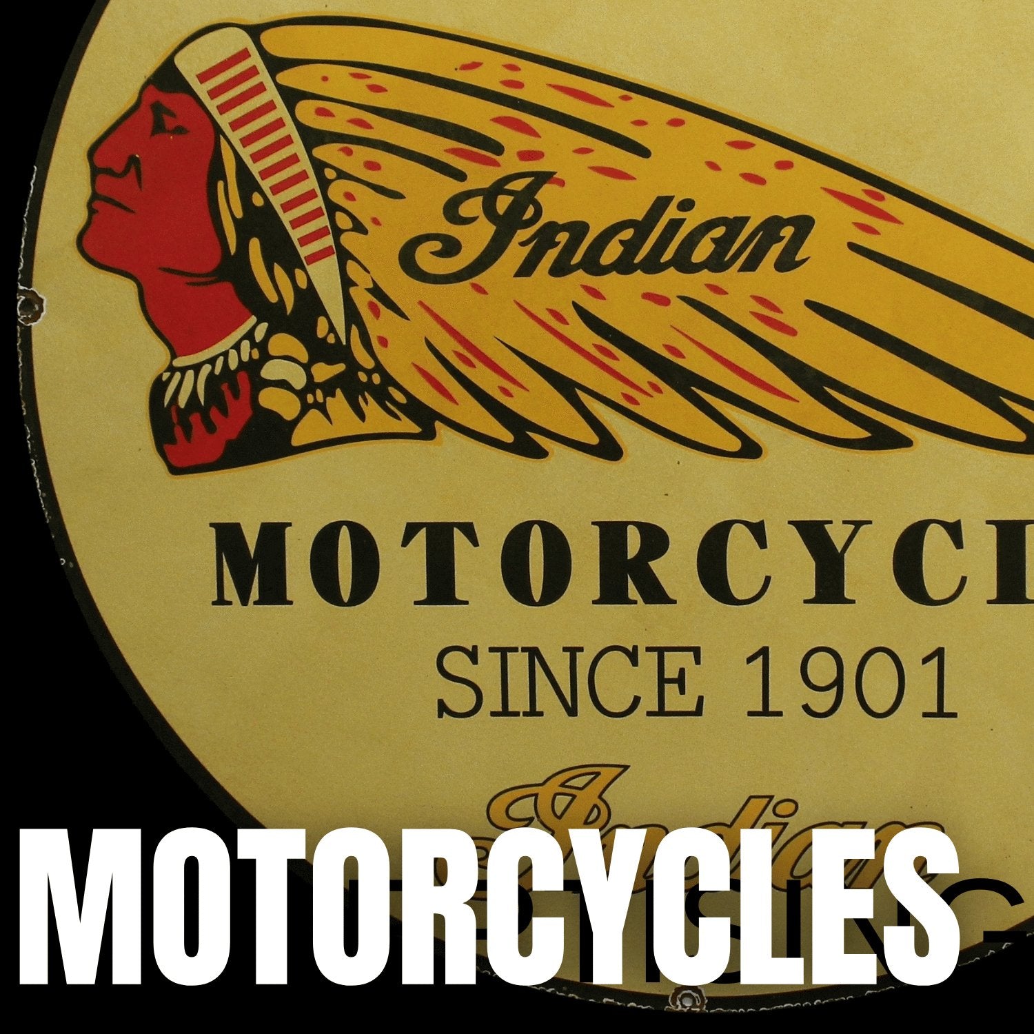 Motorcycle-themed porcelain signs featuring vintage branding from Indian, Harley-style, and early American bike culture