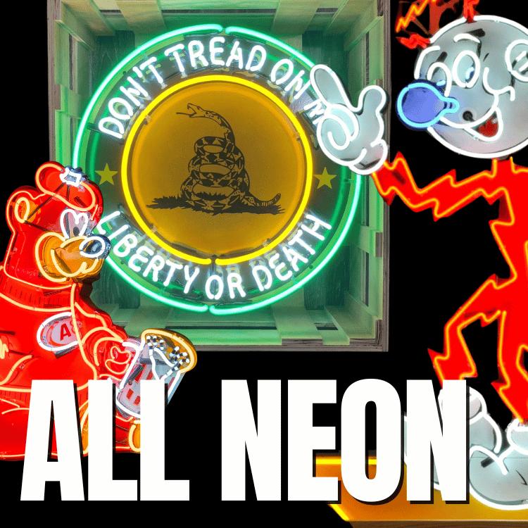 Real neon signs with porcelain enamel backing featuring vintage gas, oil, automotive, and cartoon designs
