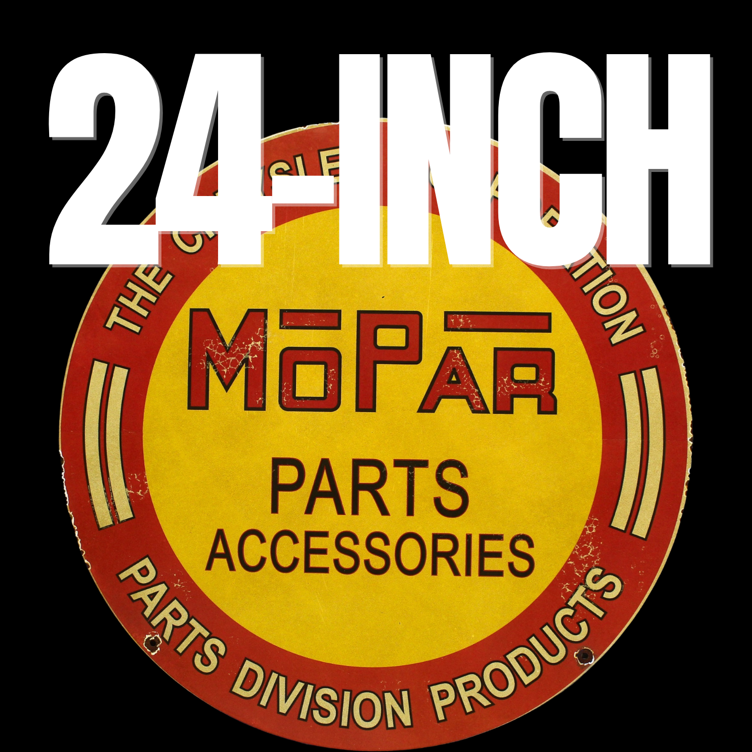 Two large porcelain enamel signs with vintage finish below the words 24-inch identifying the newest collection being offered for sale on Porcelain Advertising including Shelby Cobra and Mopar Parts