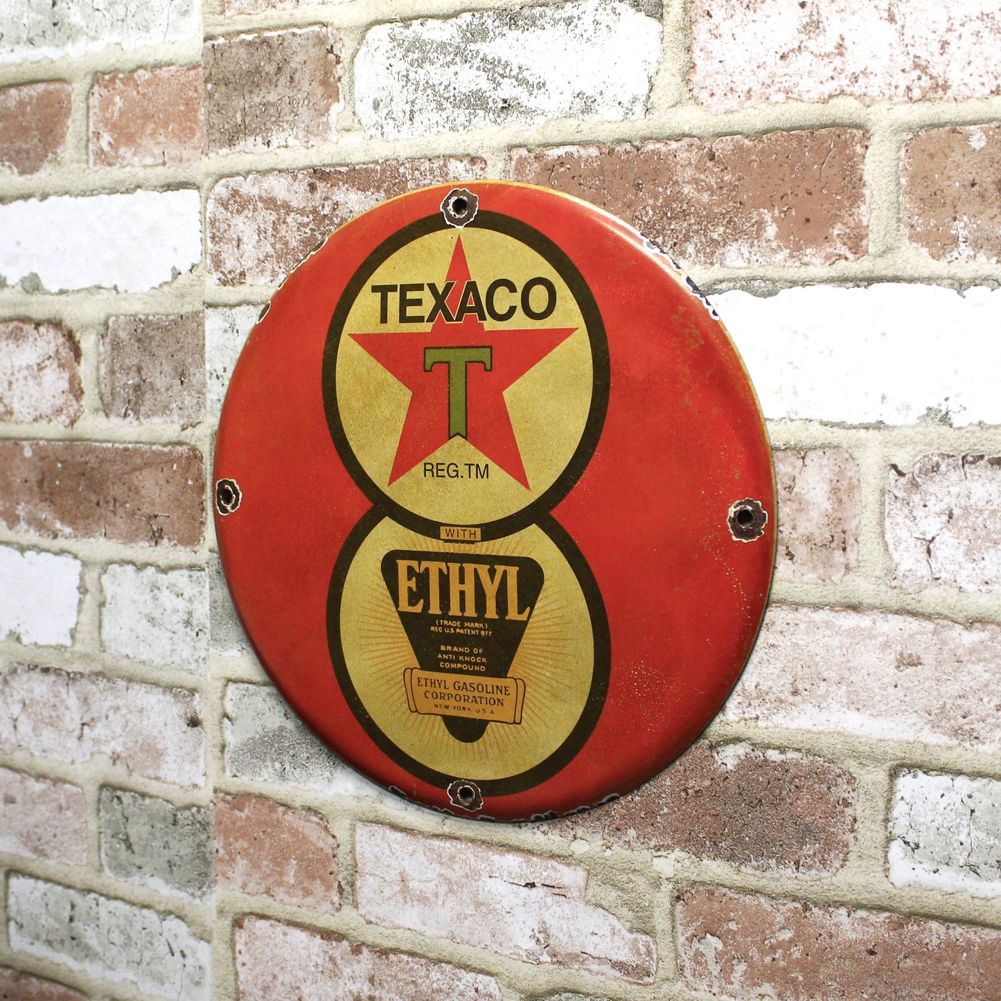 Texaco with Ethyl Gasoline Porcelain Enamel Sign (12in)