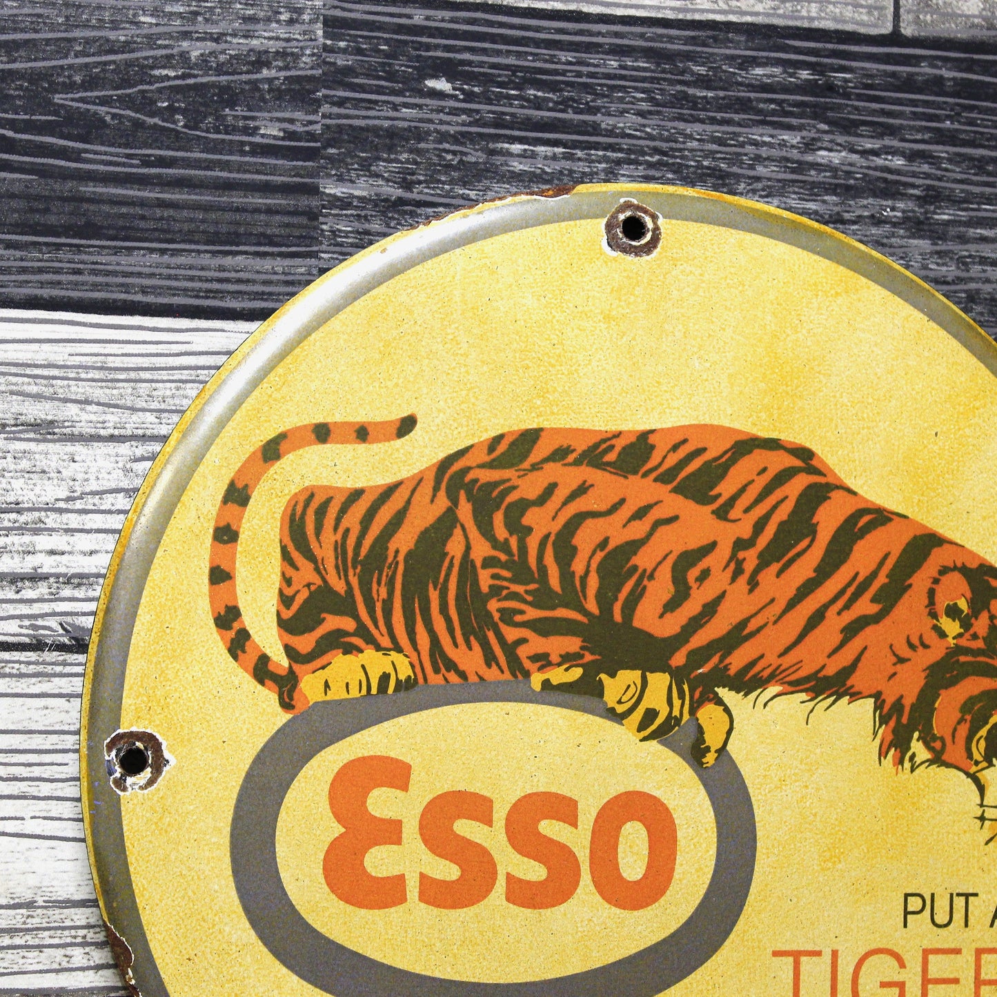 Esso Put a Tiger in Your Tank Vintage Porcelain Enamel Sign (12in)