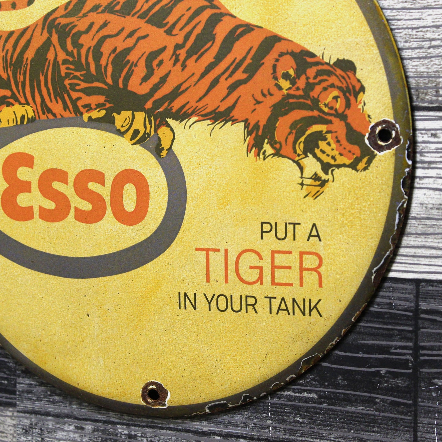 Esso Put a Tiger in Your Tank Vintage Porcelain Enamel Sign (12in)