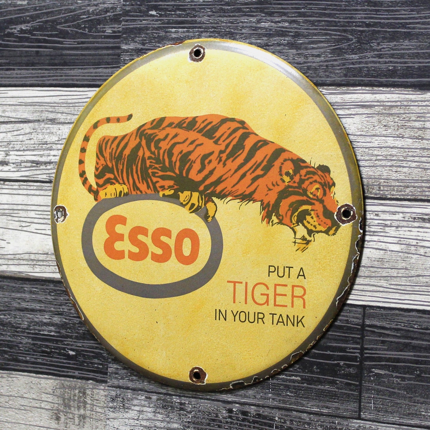 Esso Put a Tiger in Your Tank Vintage Porcelain Enamel Sign (12in)