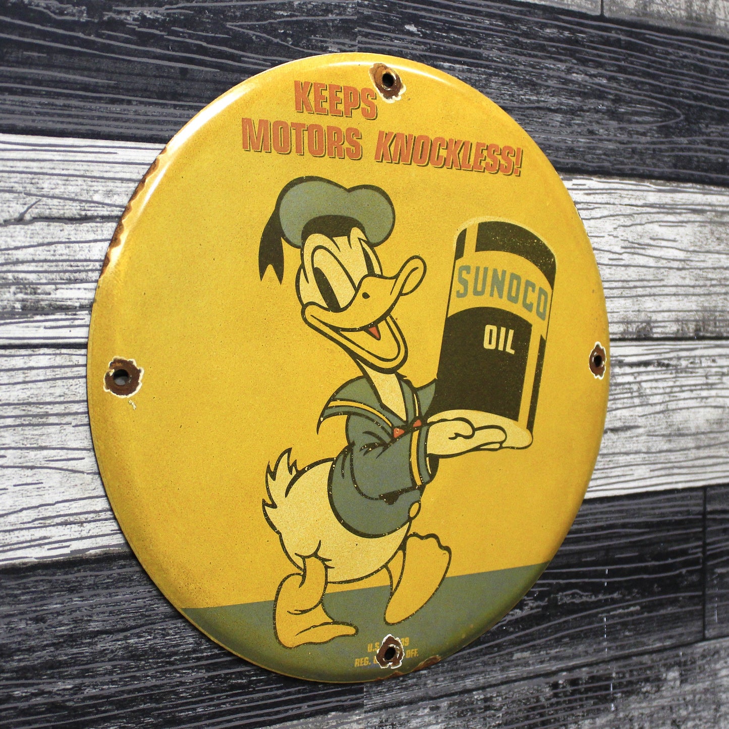 Sunoco Oil with Donald Duck Vintage Porcelain Enamel Sign (12in)