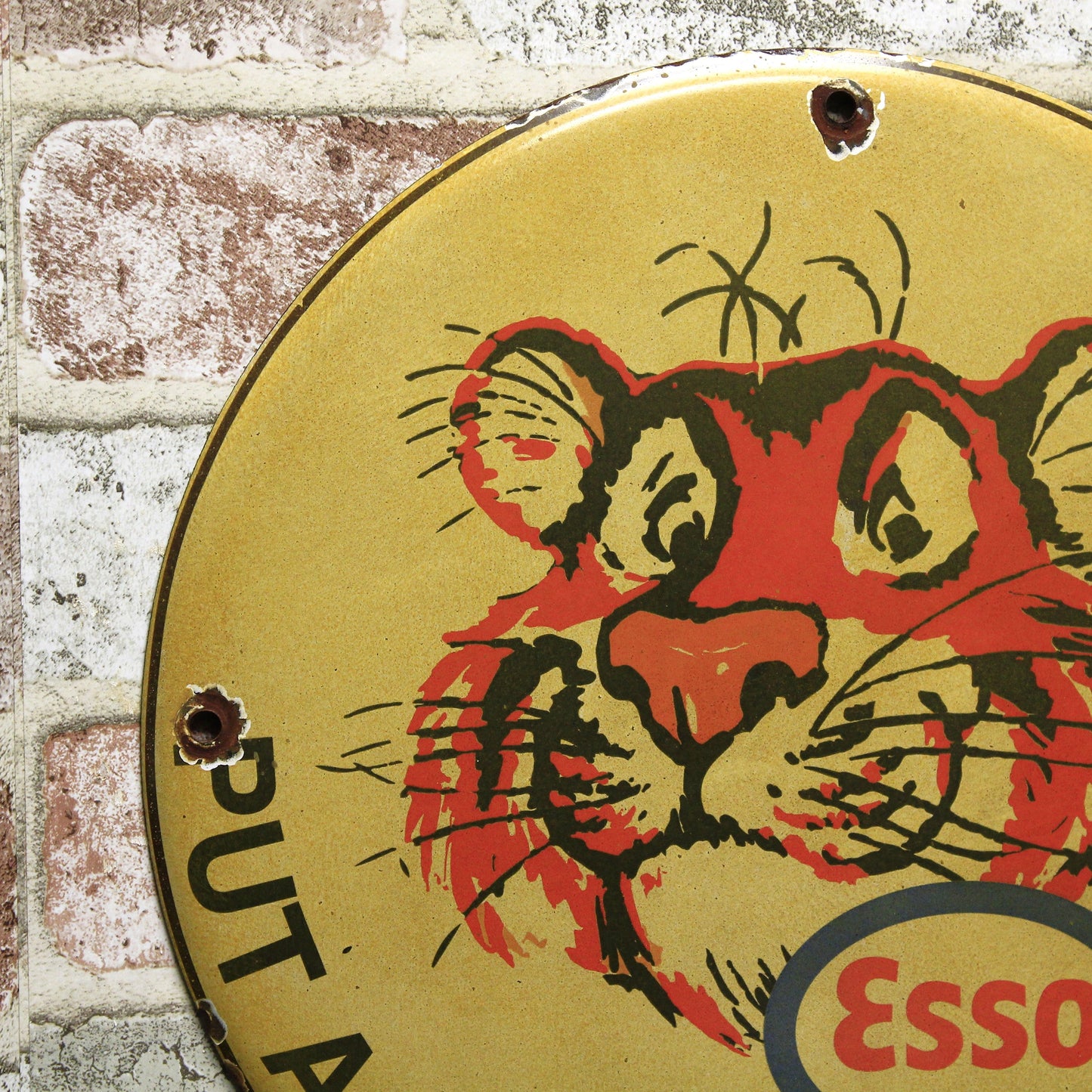 Esso Tiger Face Vintage Porcelain Enamel Sign (12in)