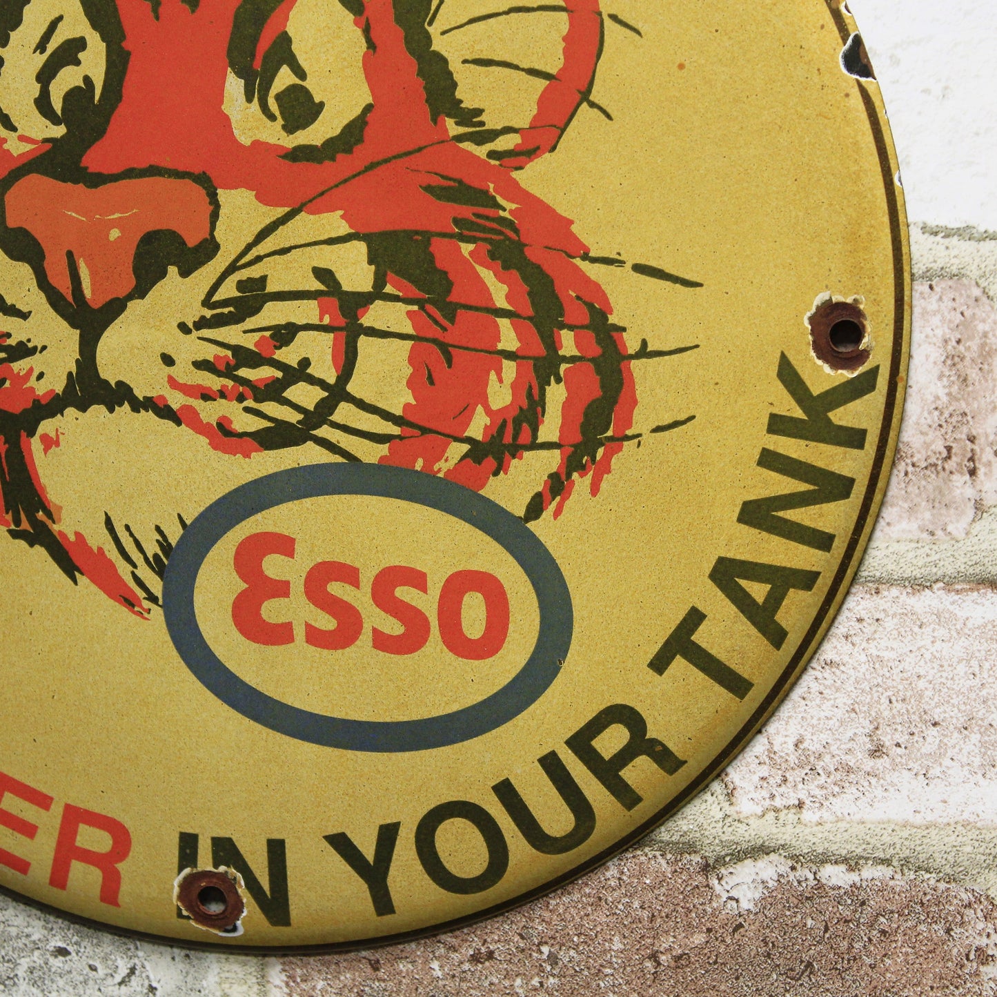 Esso Tiger Face Vintage Porcelain Enamel Sign (12in)
