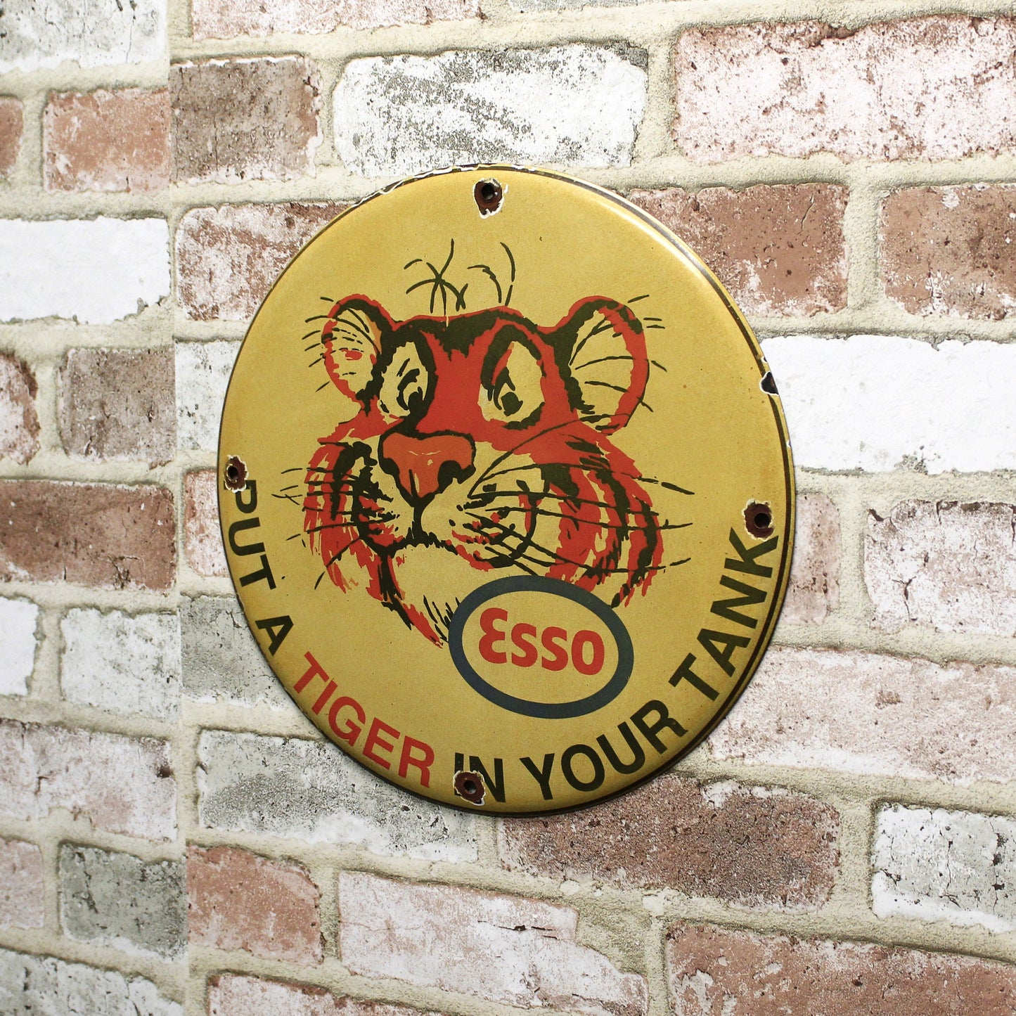 Esso Tiger Face Vintage Porcelain Enamel Sign (12in)