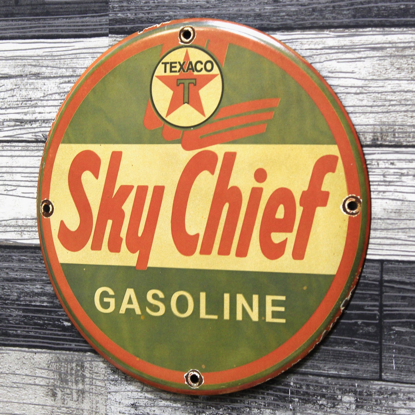 Texaco Sky Chief Gasoline Vintage Porcelain Enamel Sign (12in)