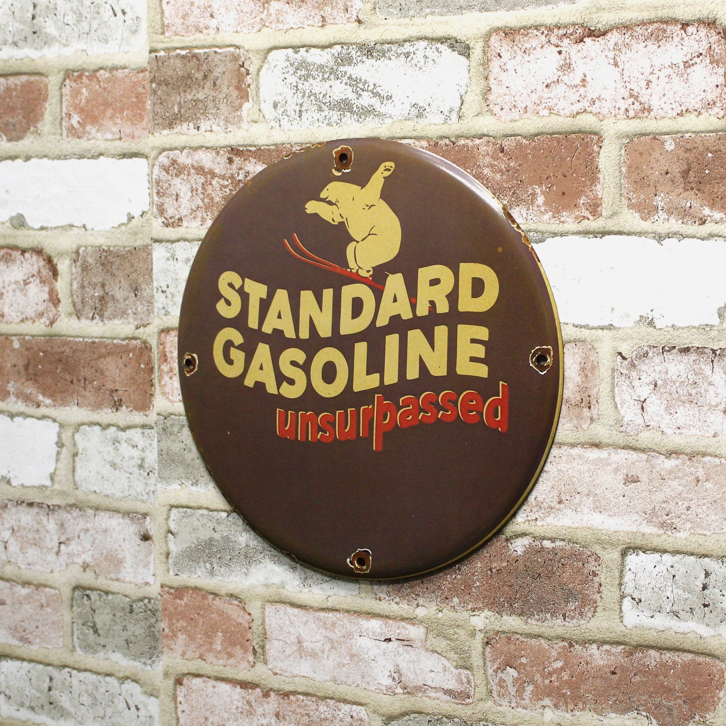 Standard Gasoline Polar Bear Ski Unsurpassed Porcelain Enamel Sign (12in)