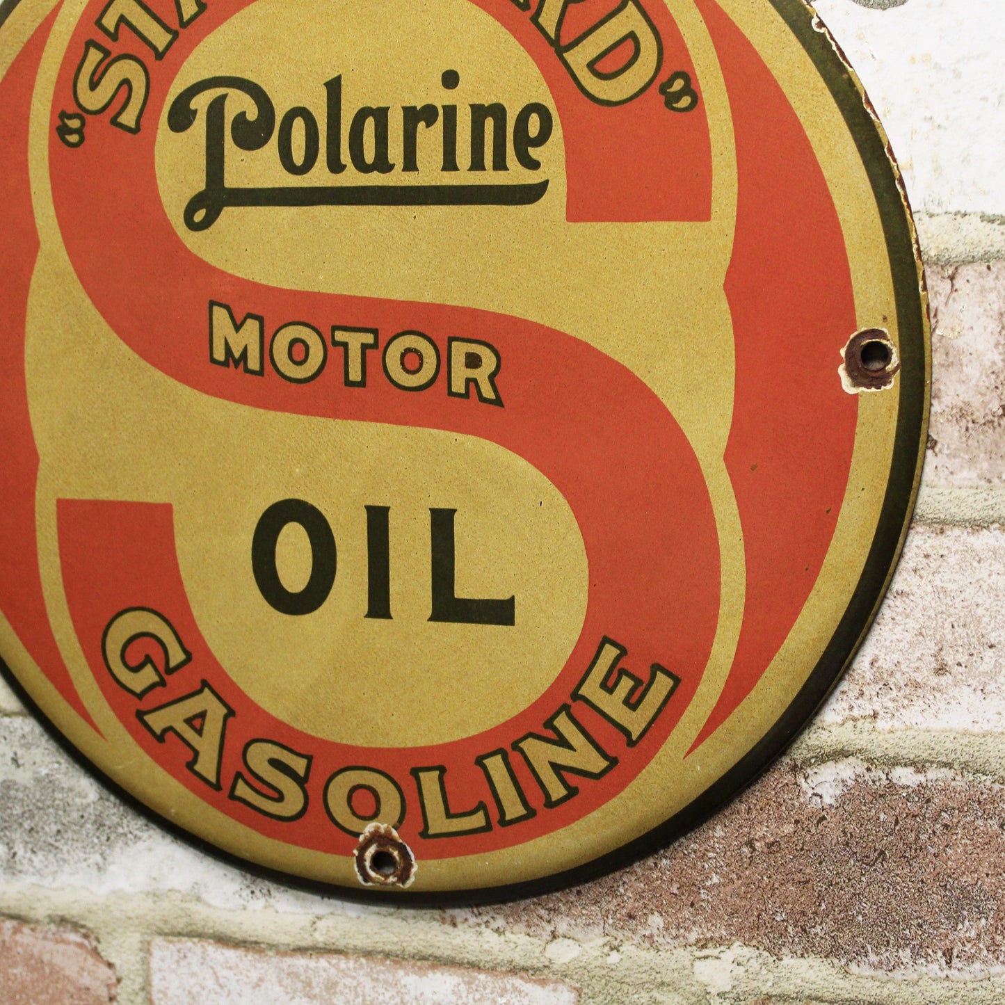 Standard Motor Oil Polarine Gasoline Vintage Porcelain Enamel Sign (12in)