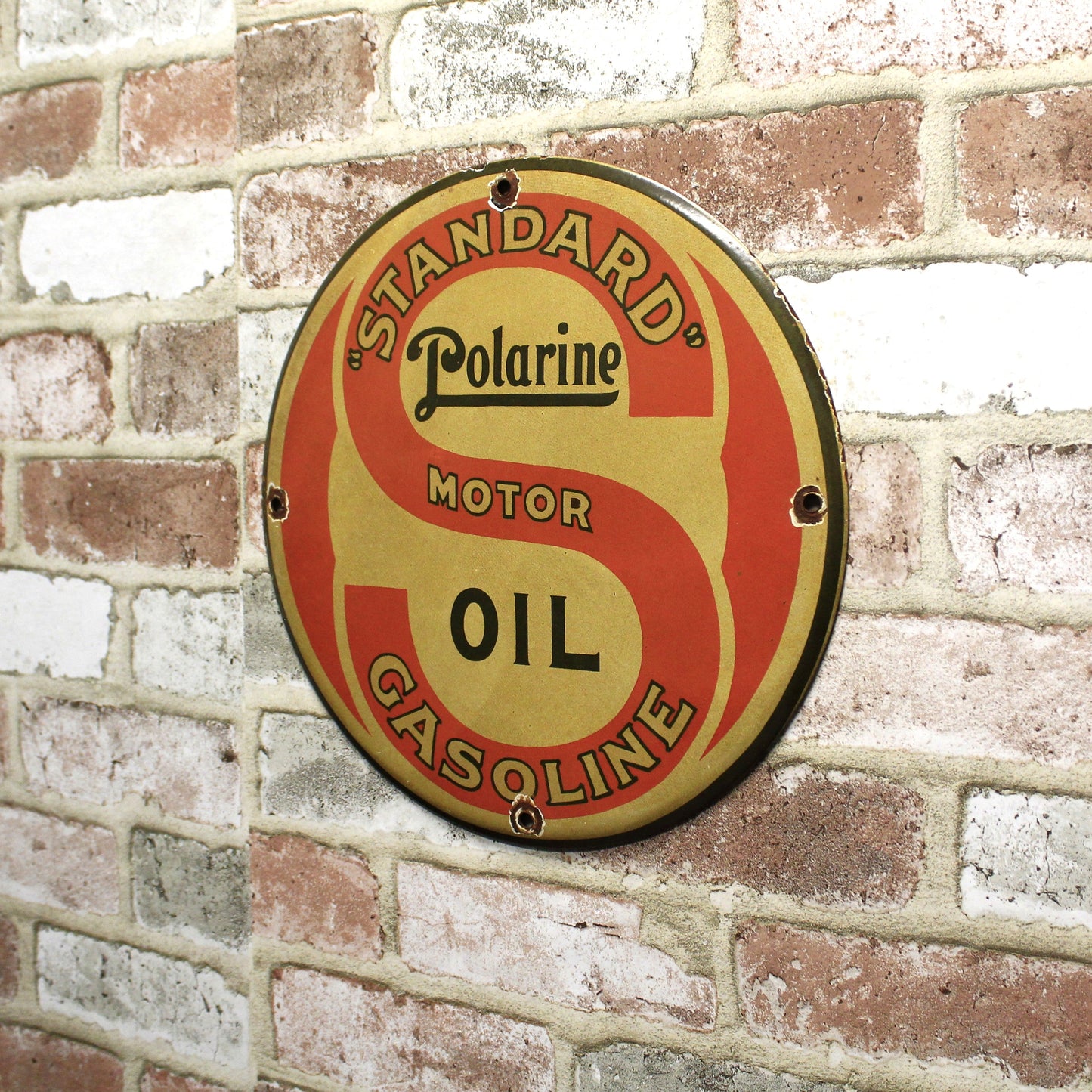Standard Motor Oil Polarine Gasoline Vintage Porcelain Enamel Sign (12in)