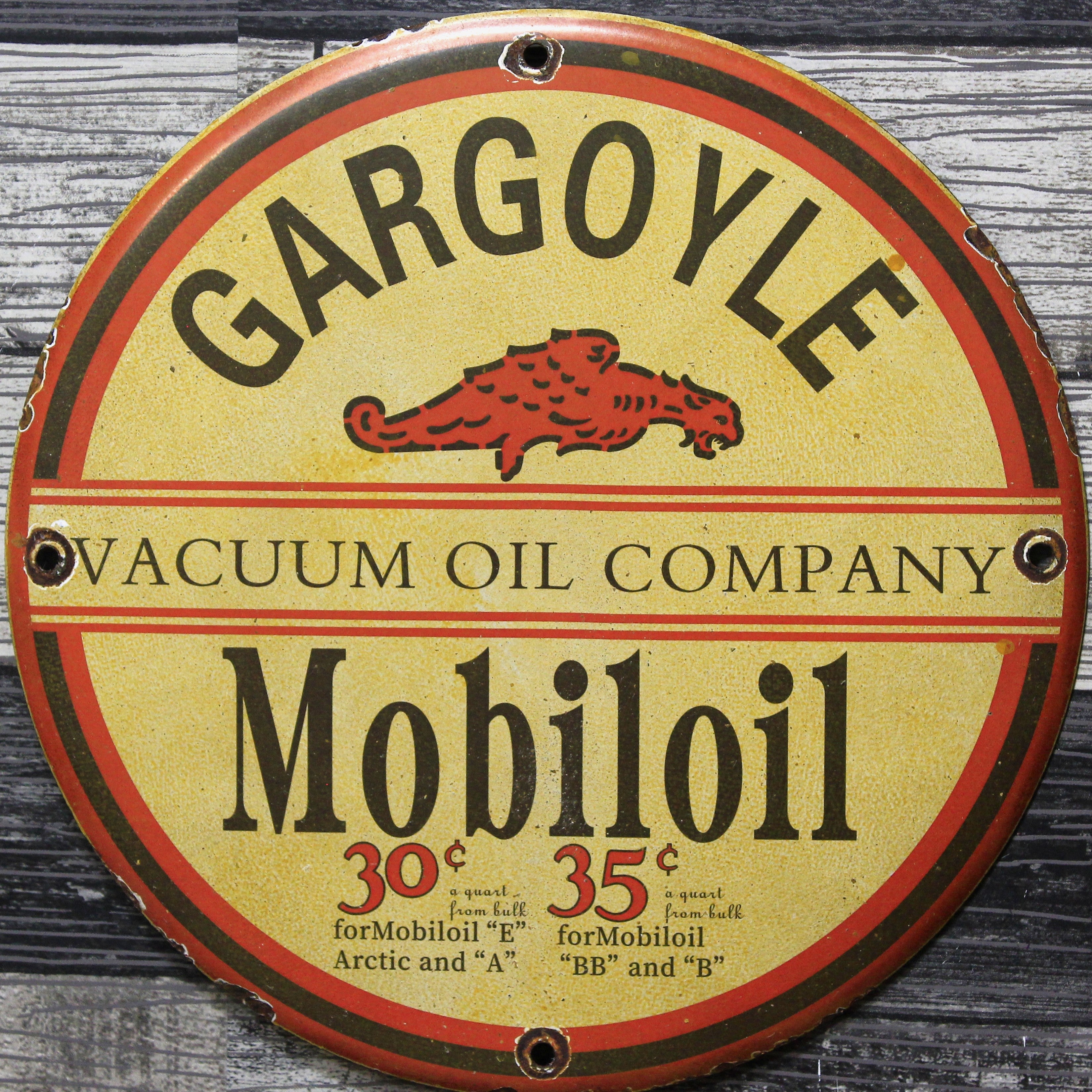 Gargoyle Mobiloil Vacuum Oil Company Porcelain Enamel Sign (12in