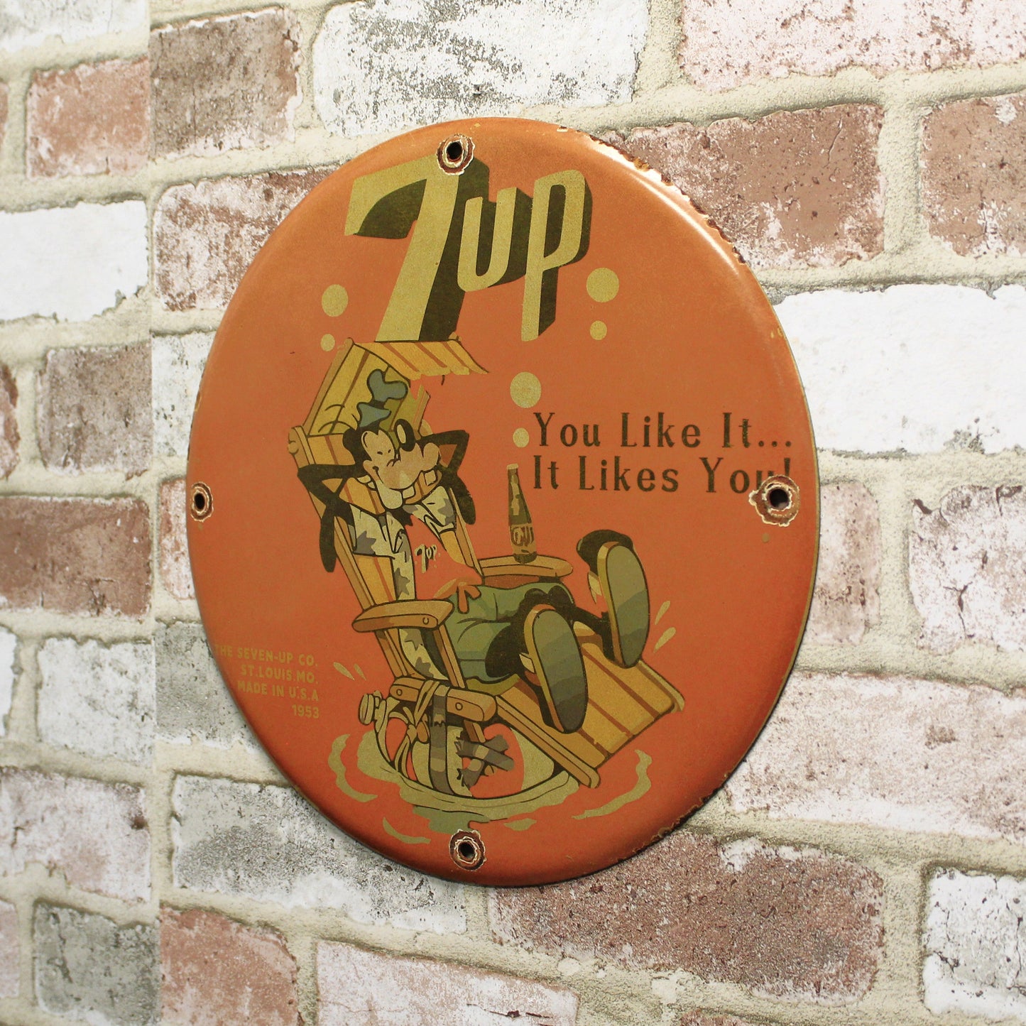 7UP You Like It with Goofy Vintage Porcelain Enamel Sign (12in)