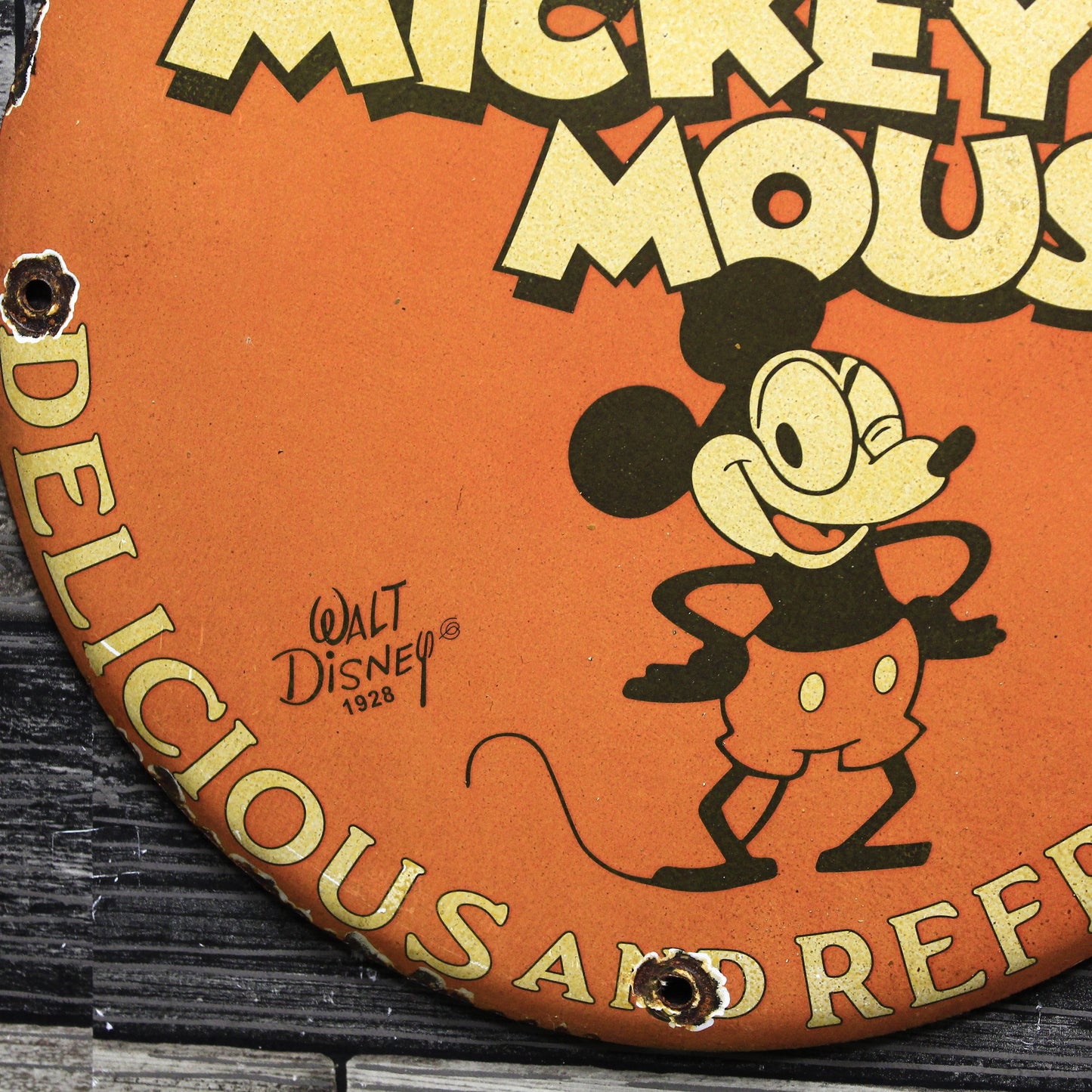 Coca-Cola with Mickey Mouse Old Coke Porcelain Enamel Sign (12in)