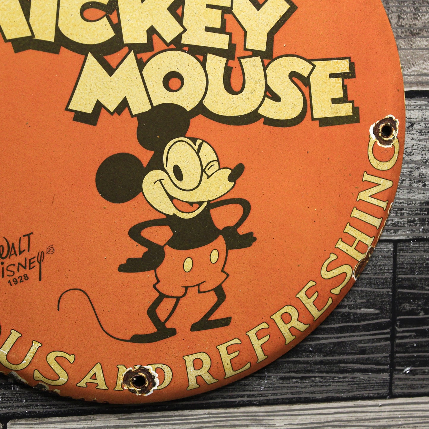Coca-Cola with Mickey Mouse Old Coke Porcelain Enamel Sign (12in)