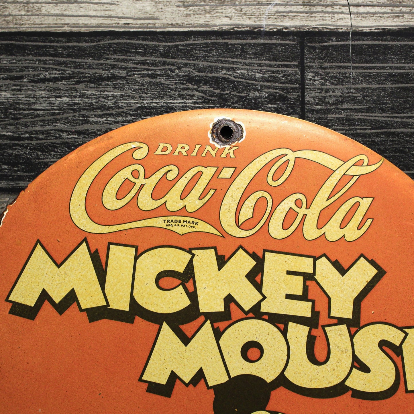 Coca-Cola with Mickey Mouse Old Coke Porcelain Enamel Sign (12in)