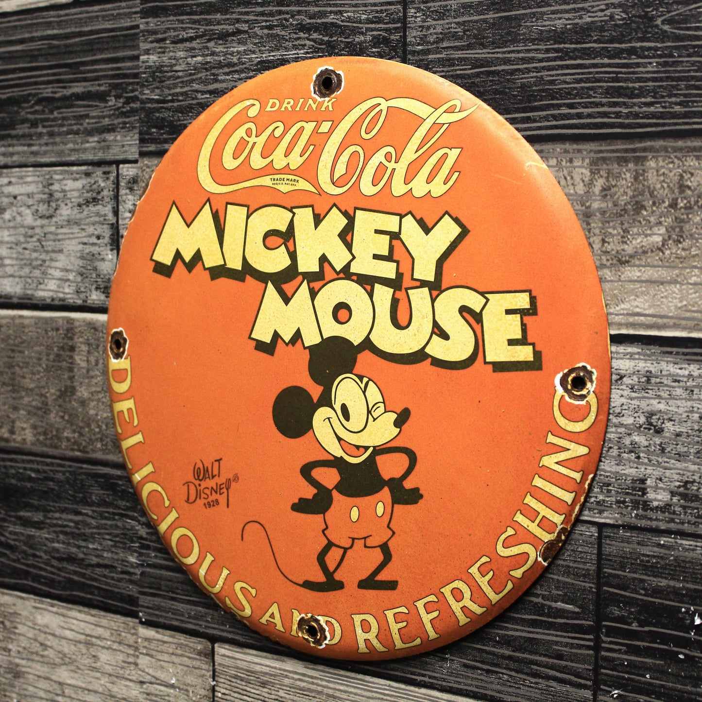 Coca-Cola with Mickey Mouse Old Coke Porcelain Enamel Sign (12in)