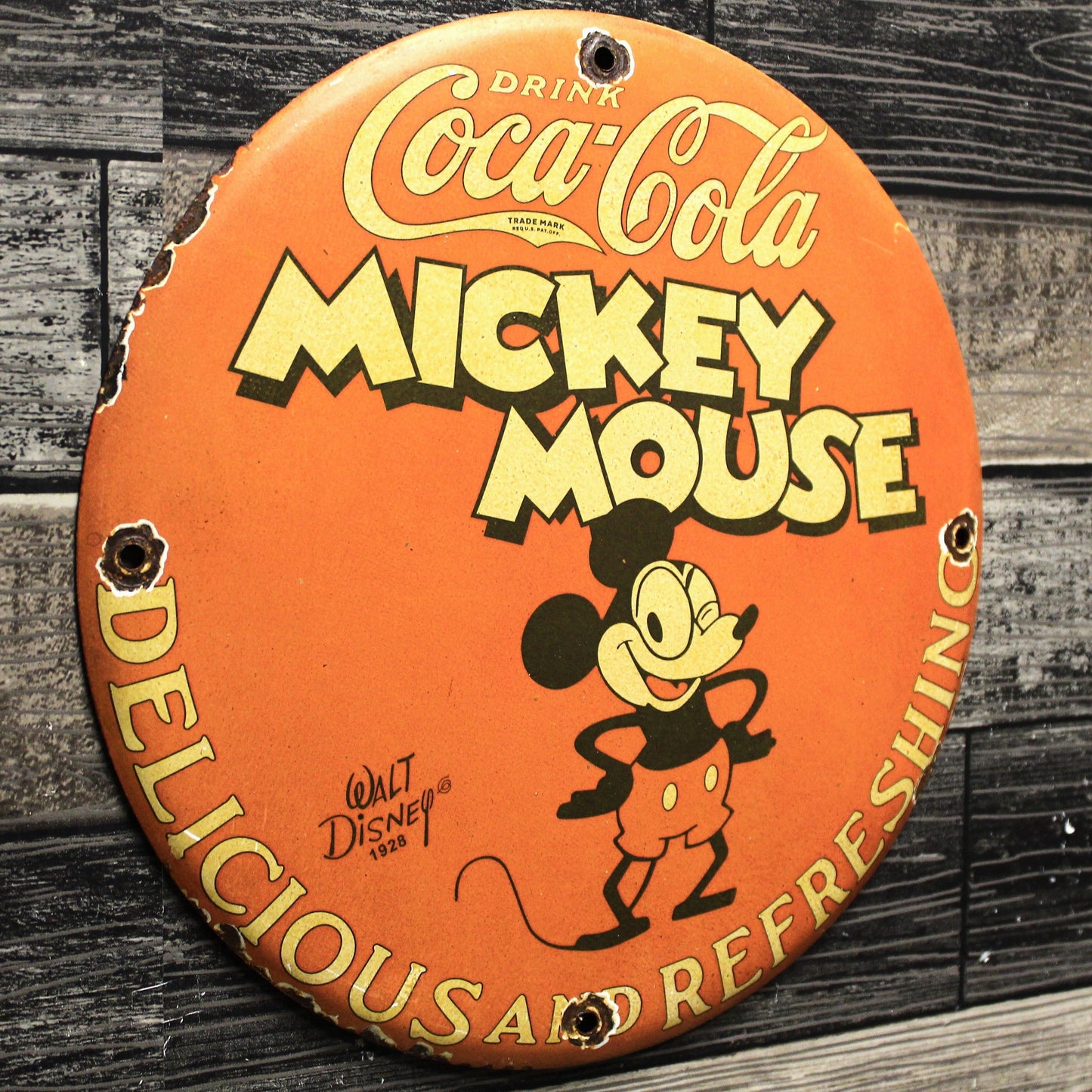 Coca-Cola with Mickey Mouse Old Coke Porcelain Enamel Sign (12in)
