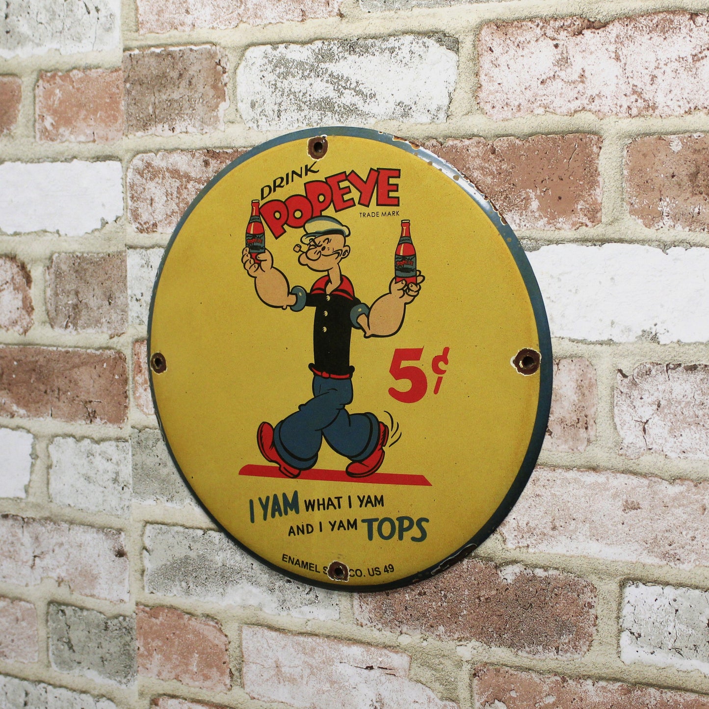 Drink Popeye Vintage Tops Enamel Sign Co Porcelain Sign (12in)