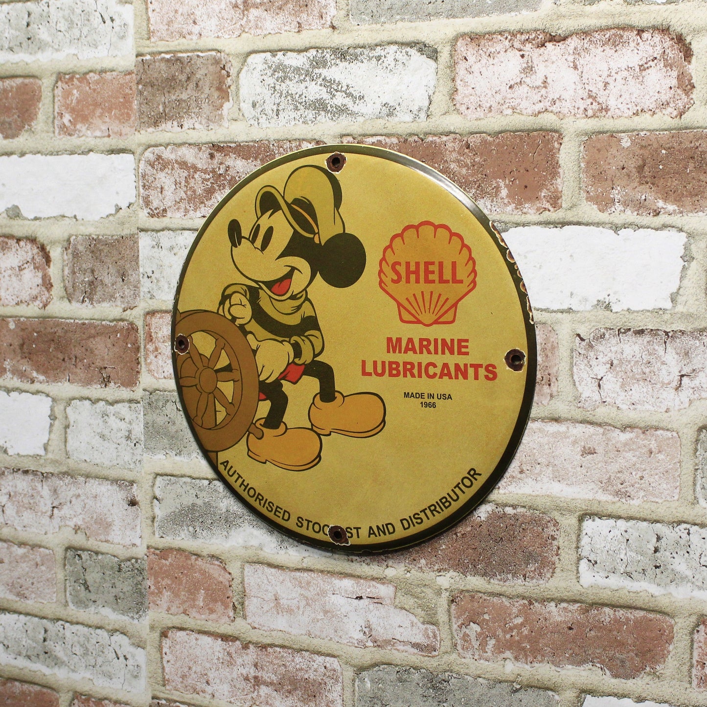 Old Shell Marine Lubricants Mickey Mouse Porcelain Enamel Sign (12in)