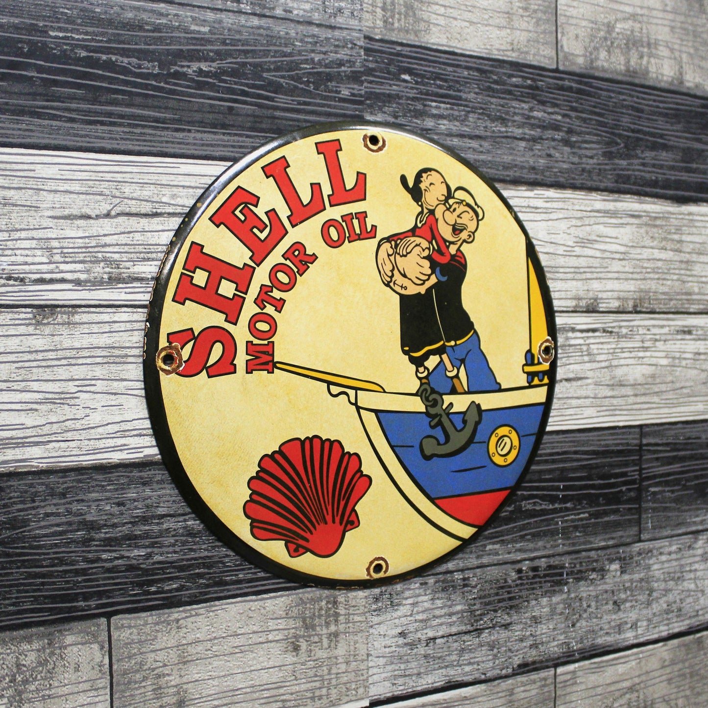 Shell Motor Oil with Popeye & Olive Porcelain Enamel Sign (12in)