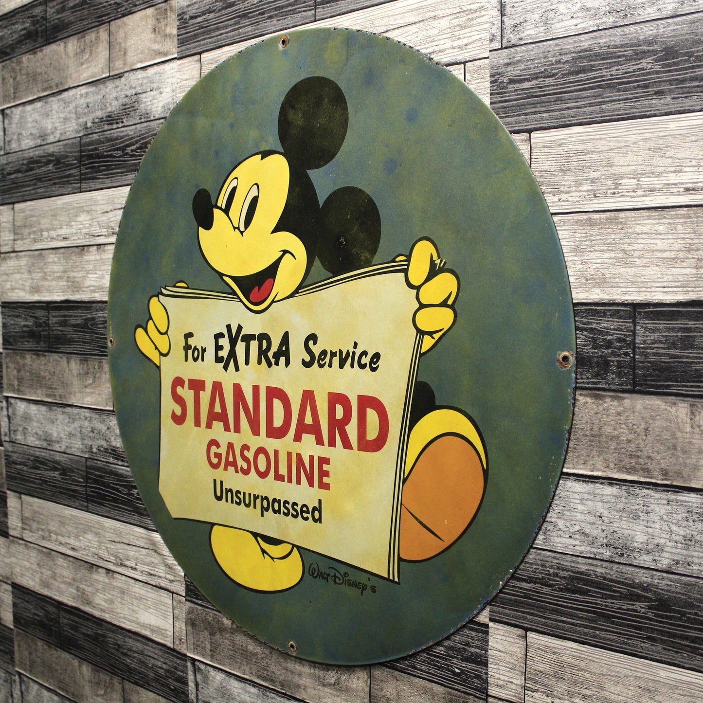 For Extra Service Standard Gasoline Mickey Mouse Porcelain Sign
