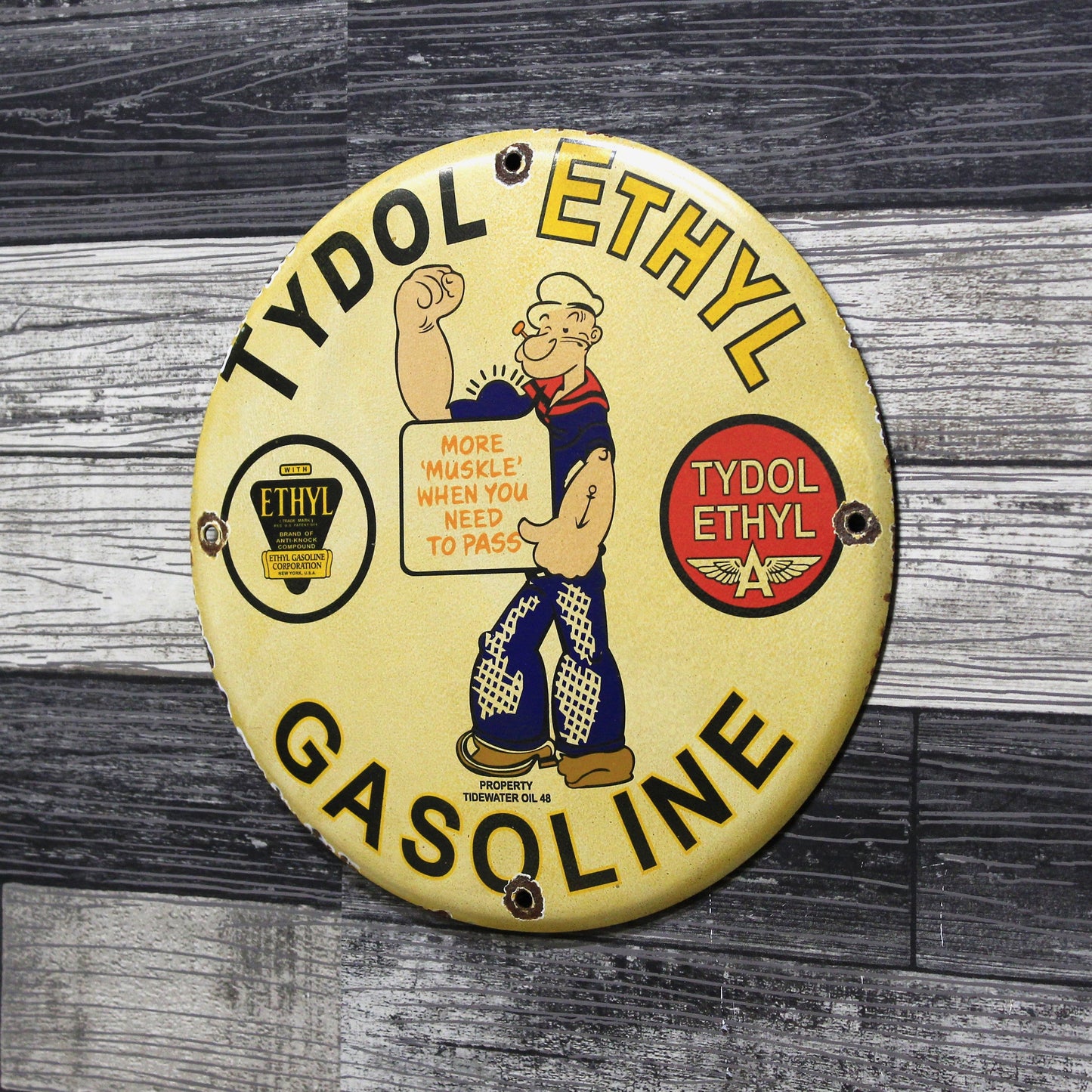 Popeye Tydol Ethyl Gasoline Porcelain Enamel Sign (12in)