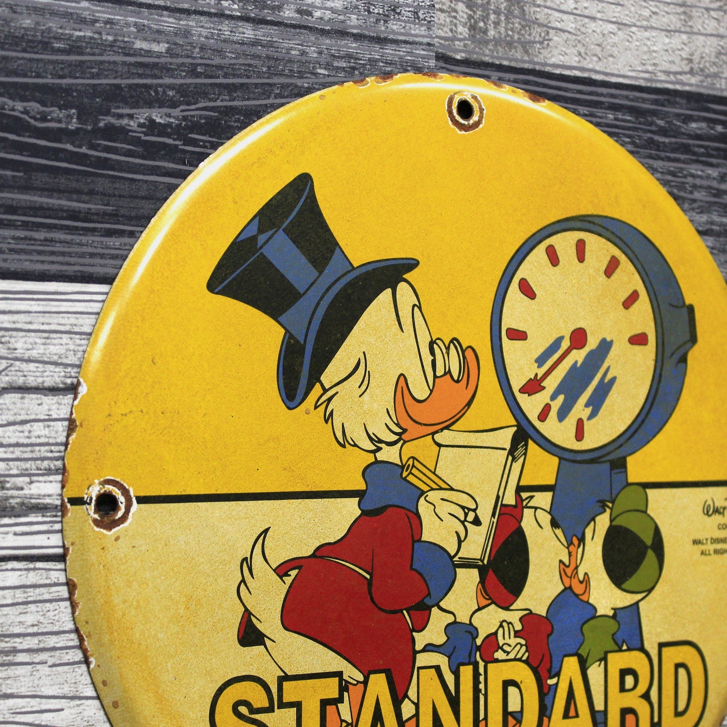 Standard Gas with Scrooge Vintage Disney Porcelain Enamel Sign (12in)