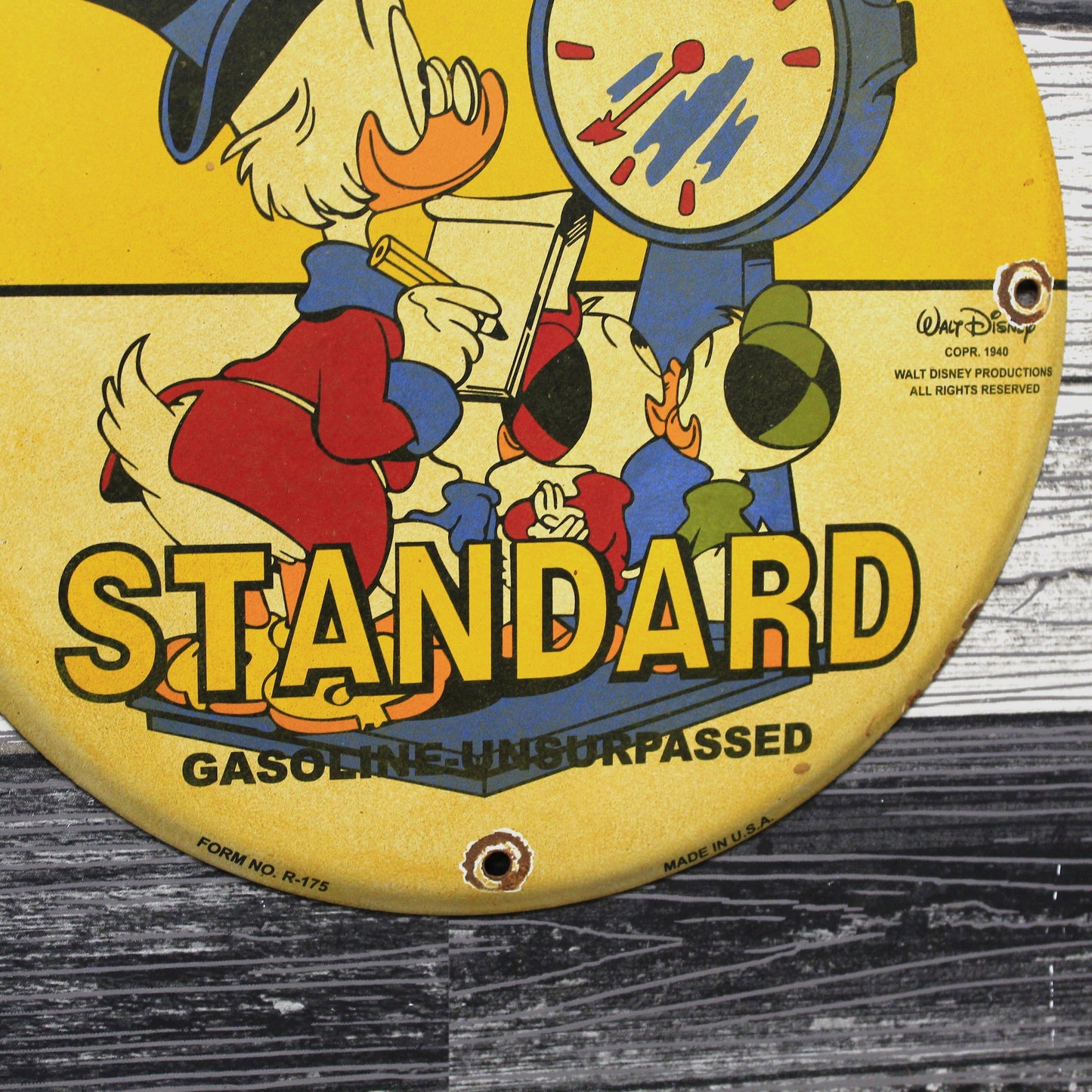 Standard Gas with Scrooge Vintage Disney Porcelain Enamel Sign (12in)