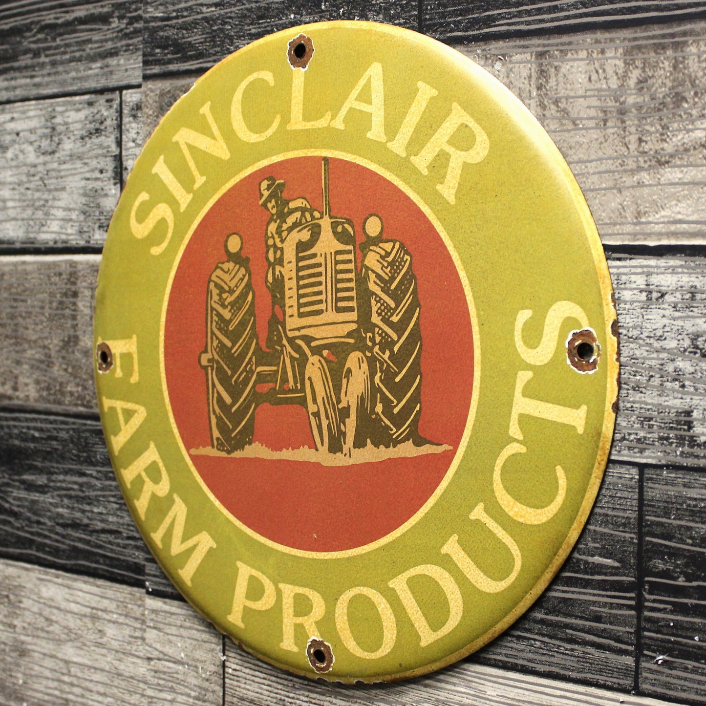 Sinclair Farm Products Tractor Vintage Porcelain Enamel Sign (12in)