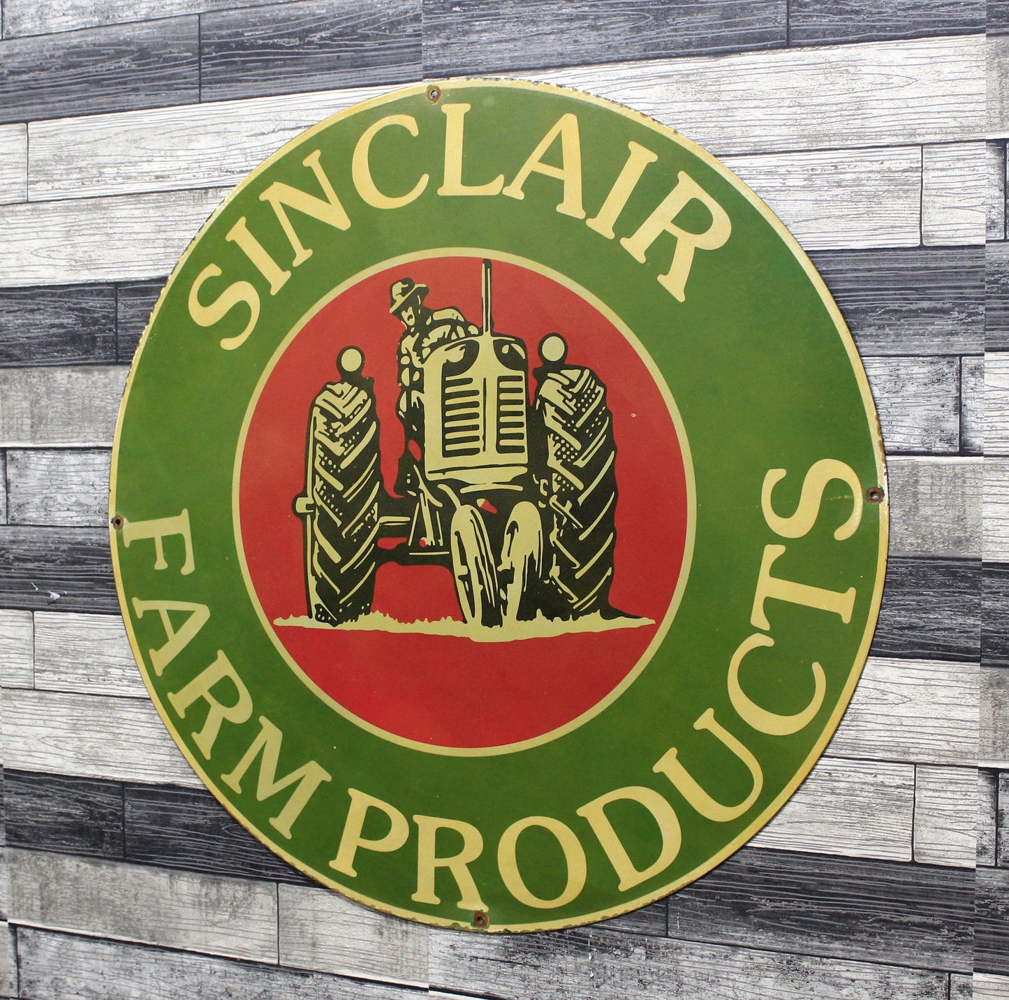 Sinclair Tractor Farm Products Large 30-Inch Porcelain Vintage Service Station Enamel Sign