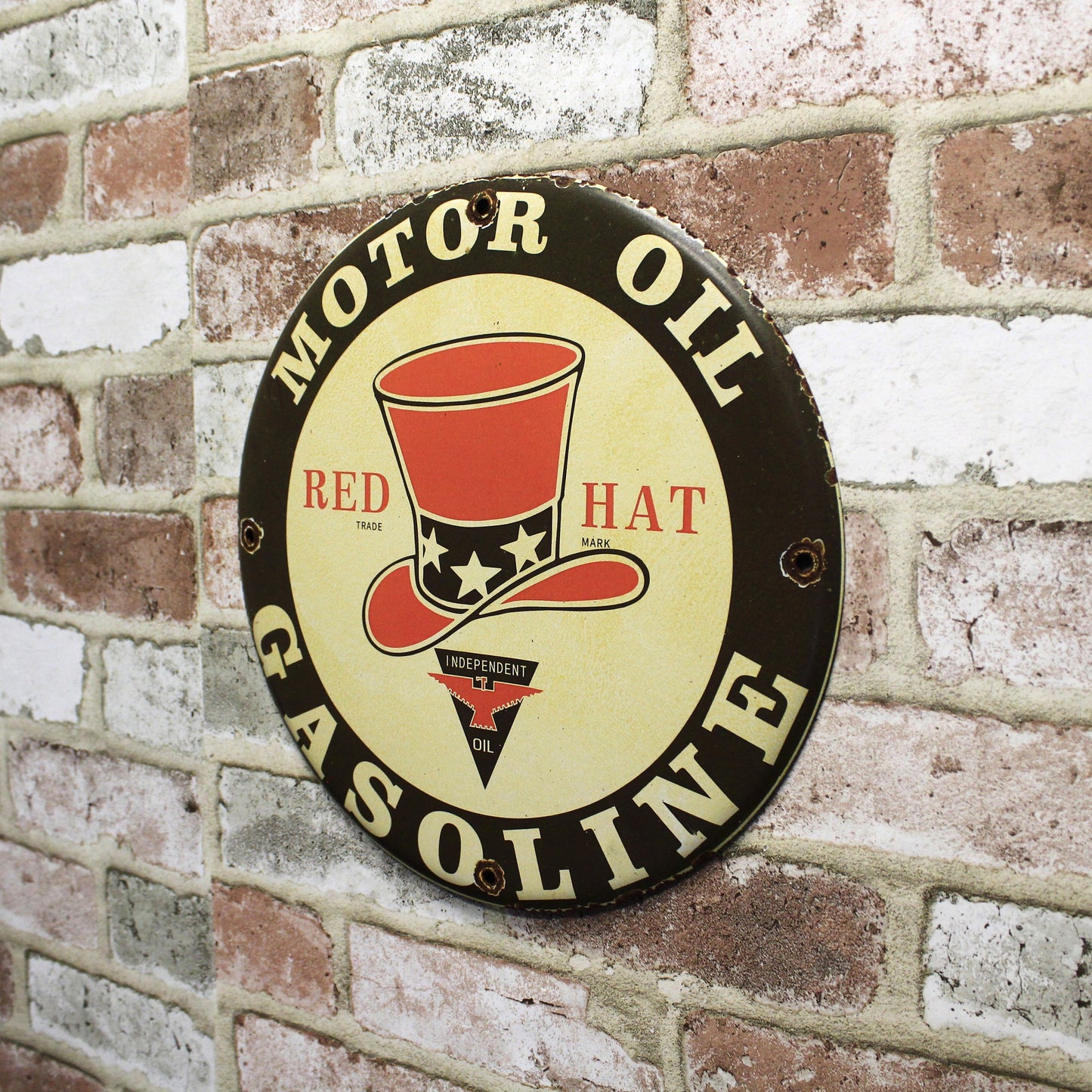Red Hat Motor Oil Gasoline Porcelain Enamel Sign (12in)