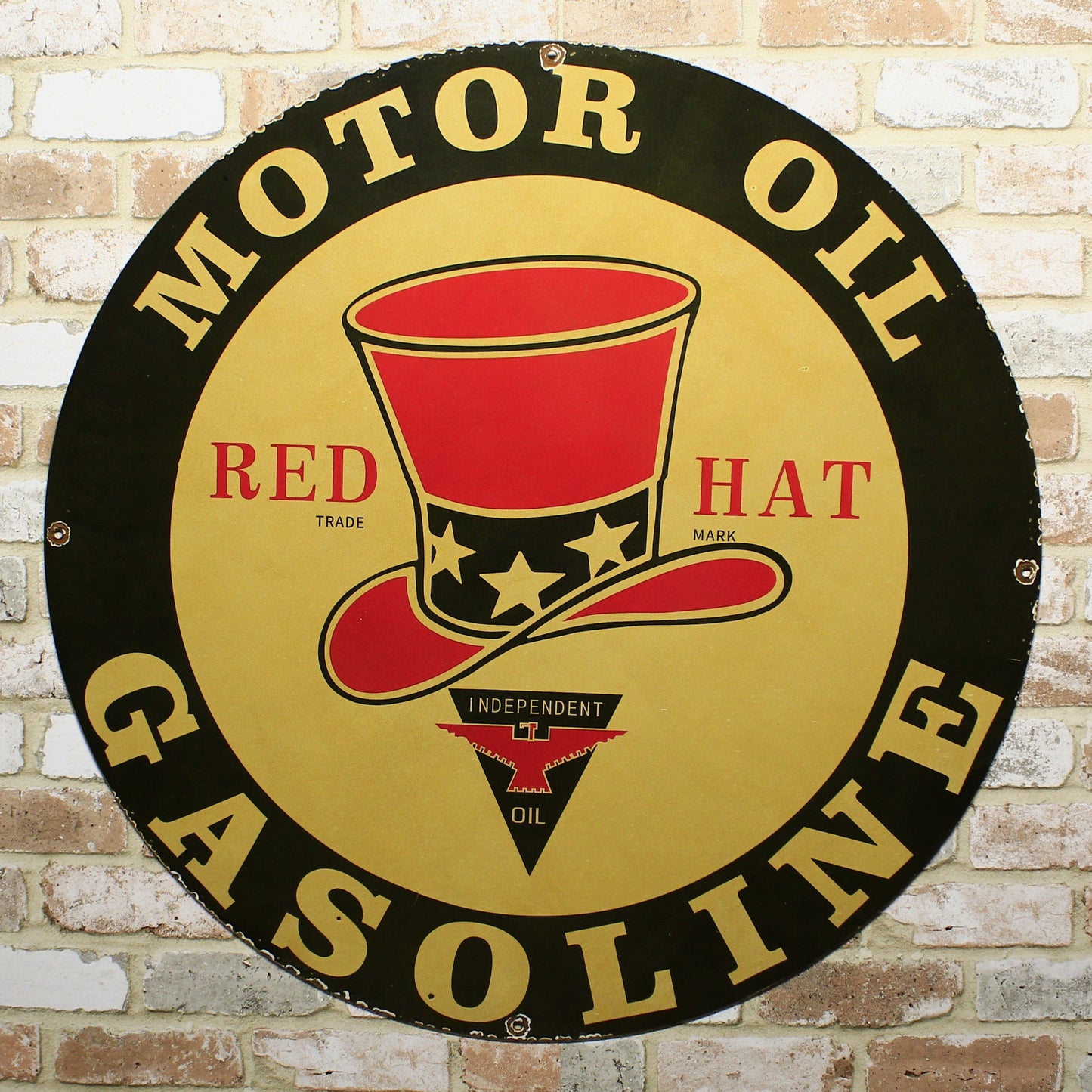 Red Hat Motor Oil Vintage Gasoline Porcelain Enamel Sign | Large 30-Inch