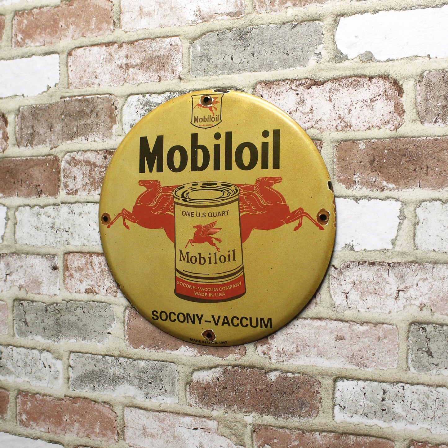 Mobiloil Socony Dual Pegasus Porcelain Enamel Sign (12in)