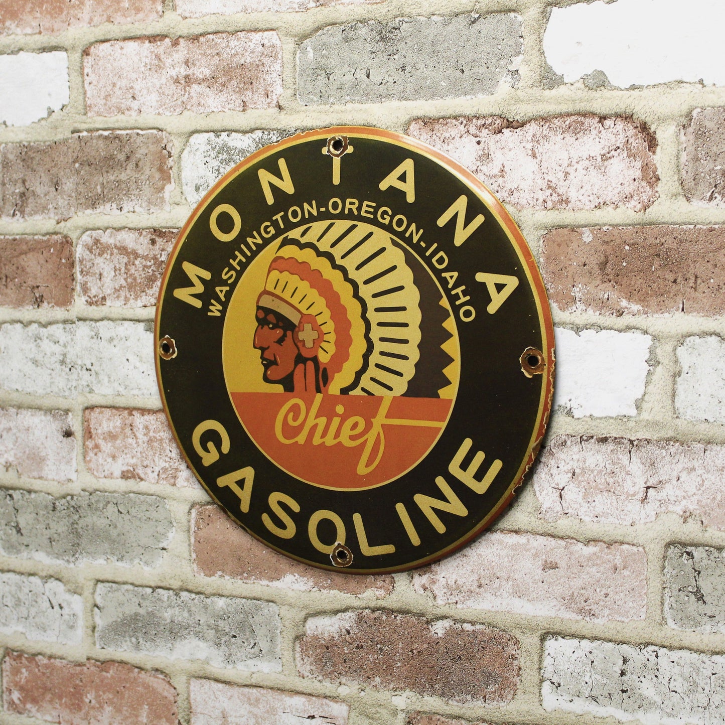 Montana Chief Gasoline Porcelain Enamel Sign (12in)