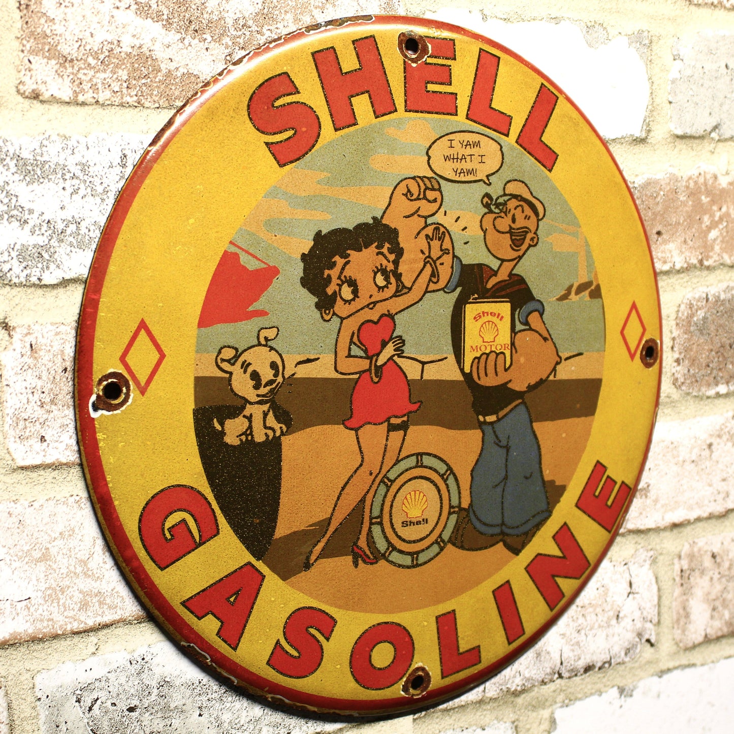 Shell Gasoline with Betty Boop & Popeye Porcelain Enamel Sign (12In)