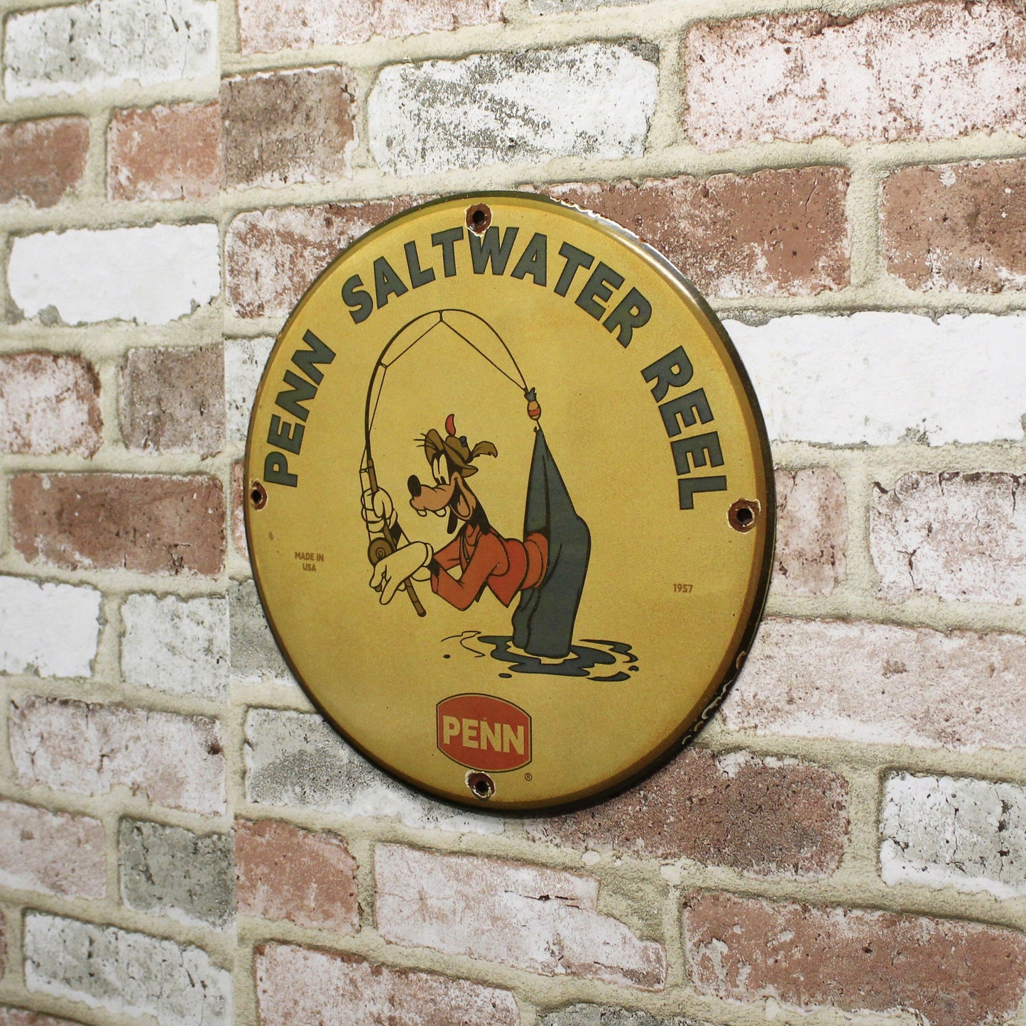 Penn Saltwater Reels with Goofy Fishing Vintage Porcelain Enamel Sign (12in)