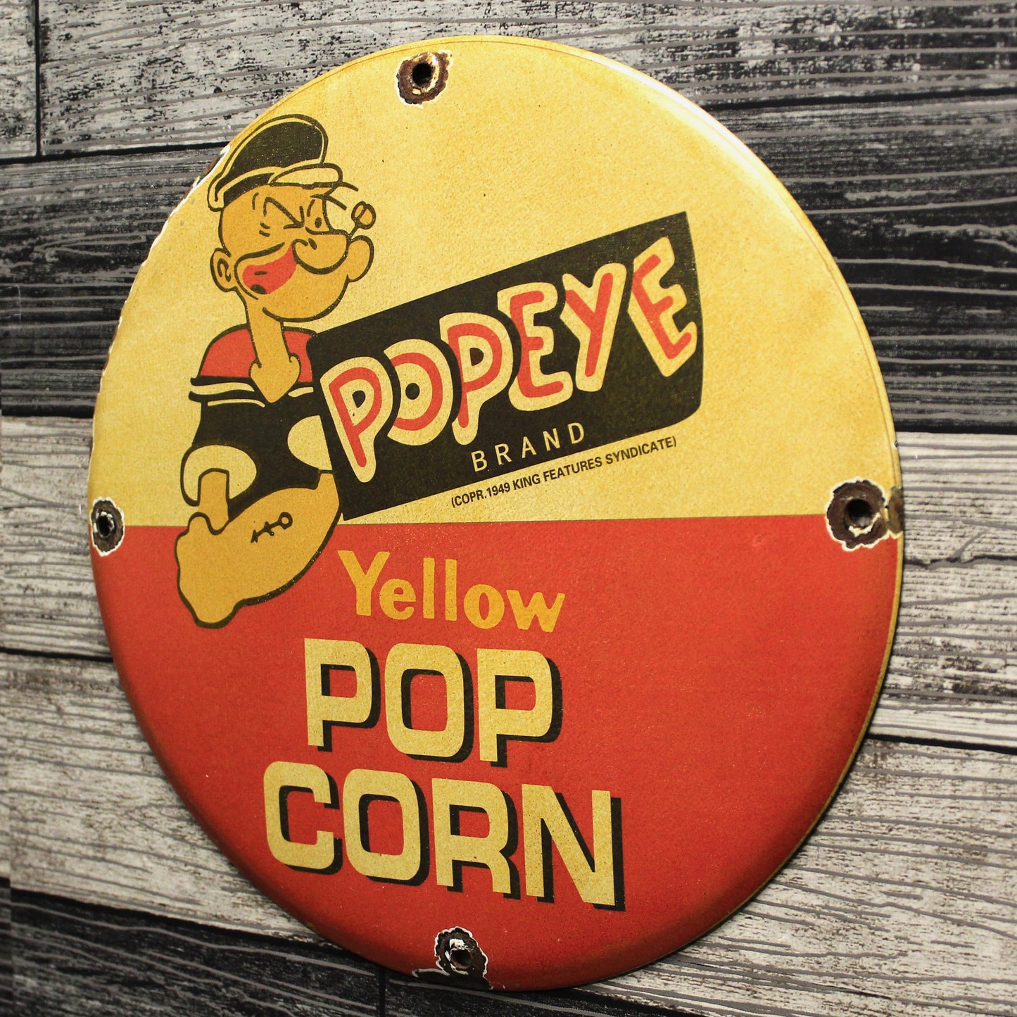 Yellow Pop Corn Popeye Brand Porcelain Enamel Sign (12in)