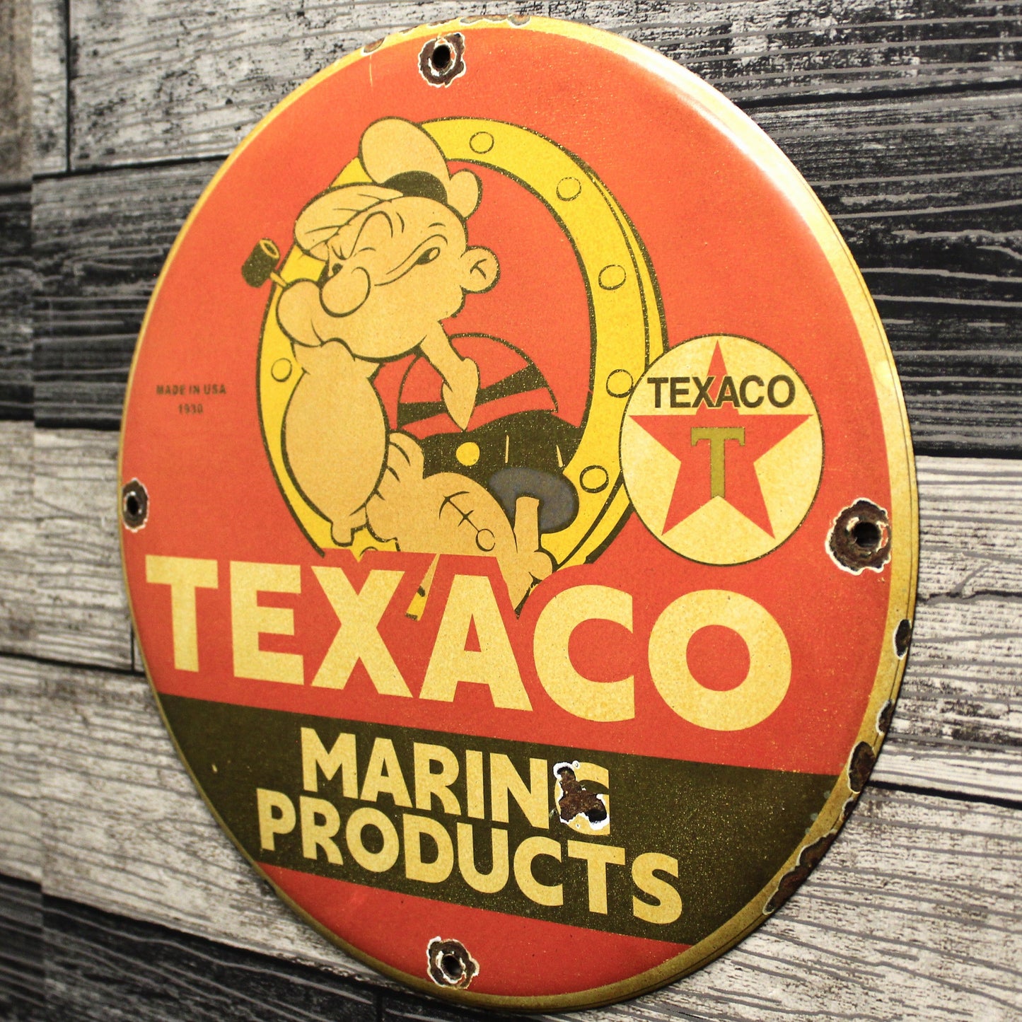 Texaco Marine Products 1930 with Popeye Porcelain Enamel Sign (12in)