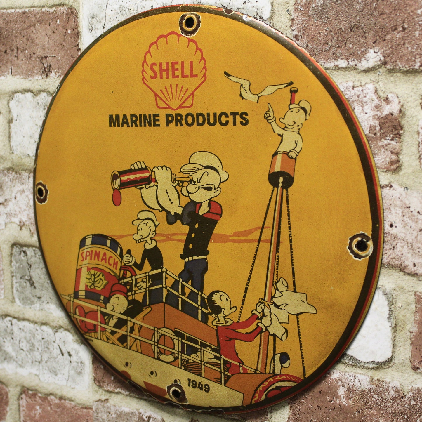 Shell Marine Products Popeye & Olive Porcelain Enamel Sign (12in)