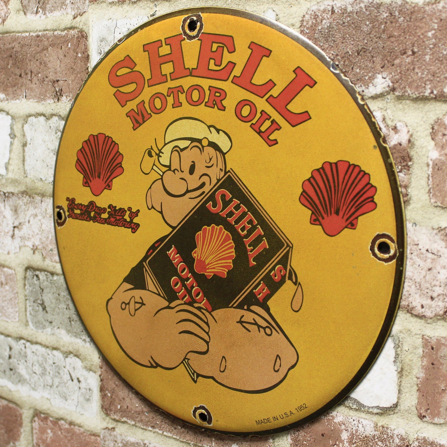Shell Motor Oil with Popeye Vintage Porcelain Enamel Sign (12in)