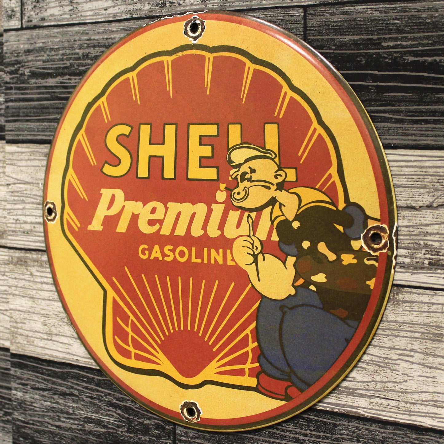 Shell Premium Gasoline with Popeye Porcelain Enamel Sign (12in)