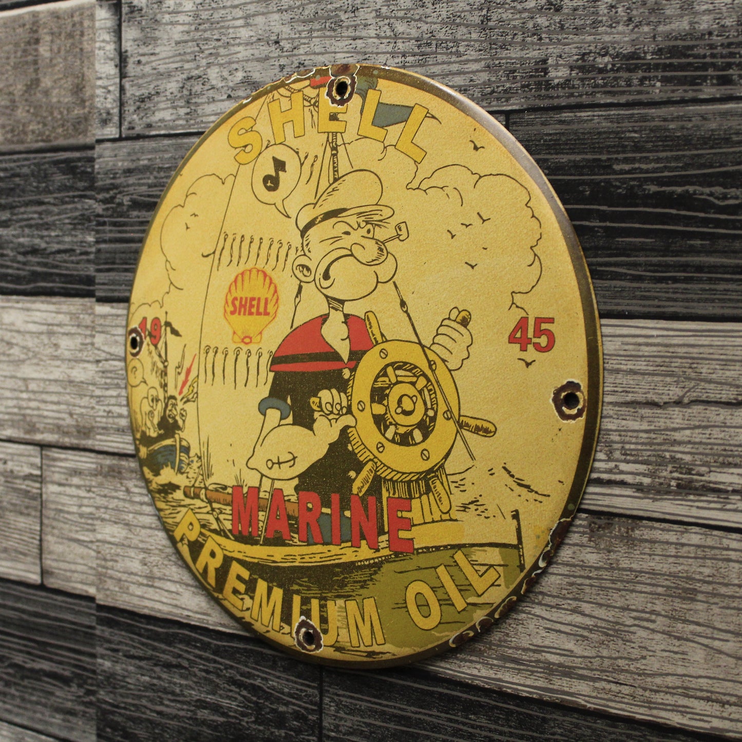 Shell Marine Premium Oil with Captain Popeye Porcelain Enamel Sign (12in)