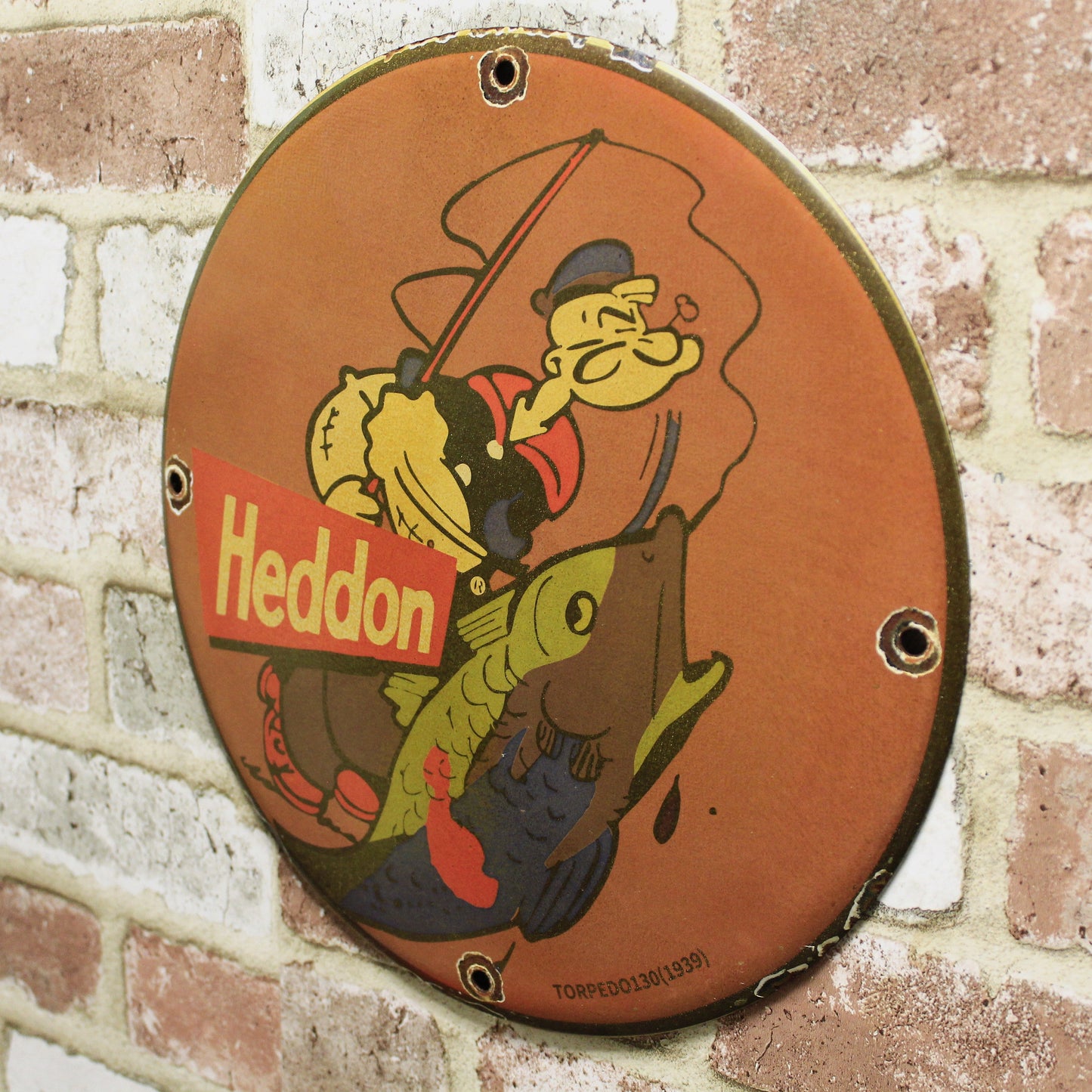 Heddon Fishing Popeye Vintage Porcelain Enamel Sign (12in)